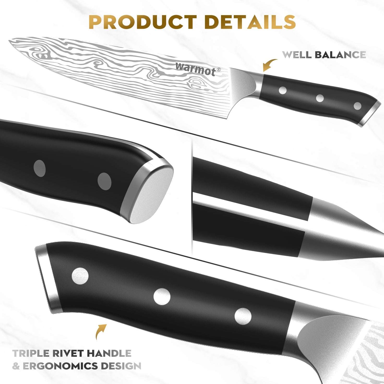 Warmot 3-Piece High Carbon Stainless Steel Cooking Knife Triple Riveted Handle with Gift Box(997-3) 3