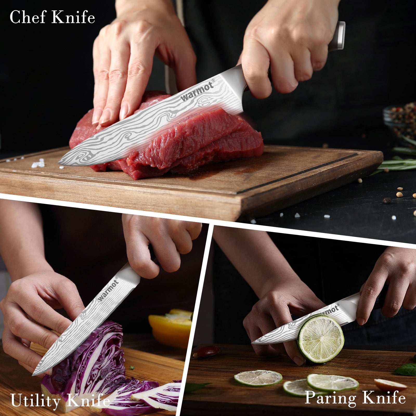 Warmot 3-Piece High Carbon Stainless Steel Cooking Knife Triple Riveted Handle with Gift Box(997-3) 5