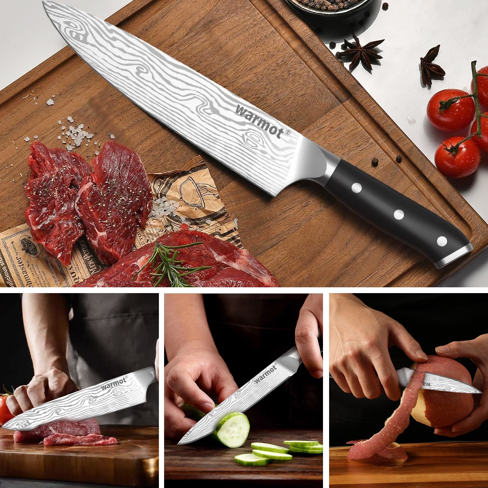 Warmot 3-Piece High Carbon Stainless Steel Cooking Knife Triple Riveted Handle with Gift Box(997-3) 7