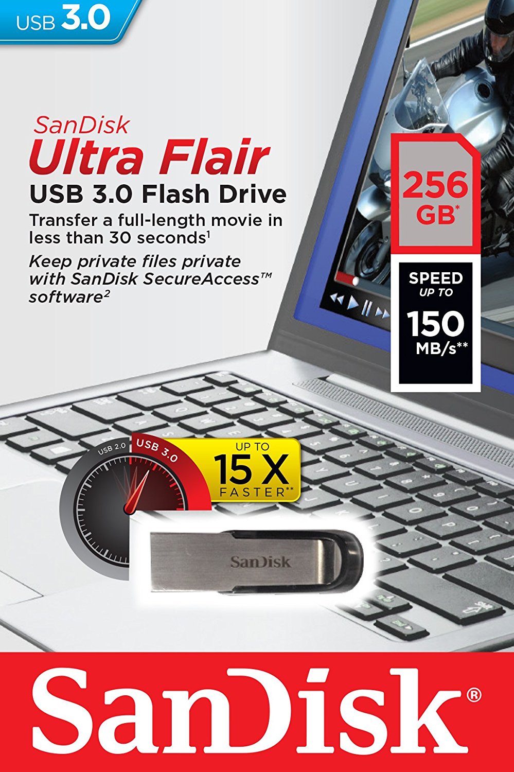 SANDISK 256GB CZ73 ULTRA FLAIR USB 3.0 FLASH DRIVE upto 150MB/s 4