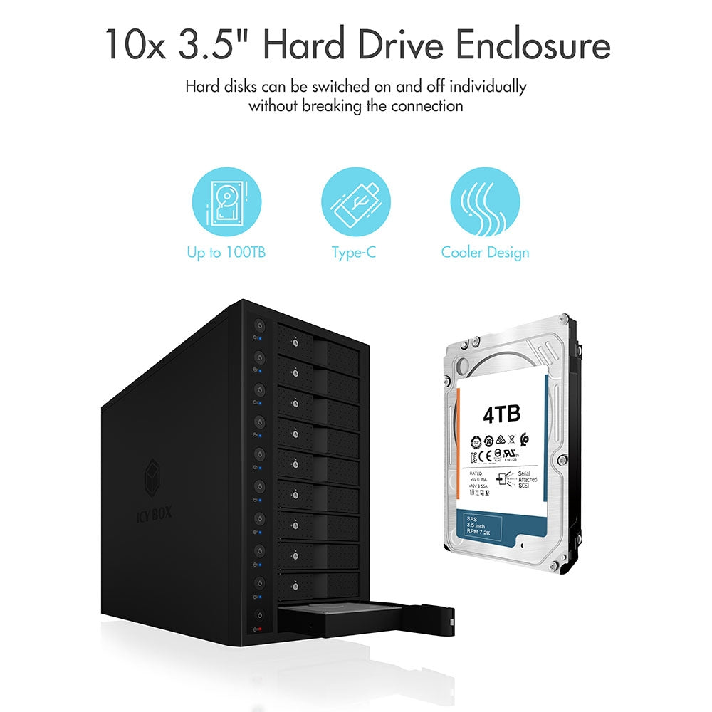 ICY BOX IB-3810-C31 SINGLE enclosure for 10x HDD with USB 3.1 (Gen 2) Type-C or Type-A interface 3