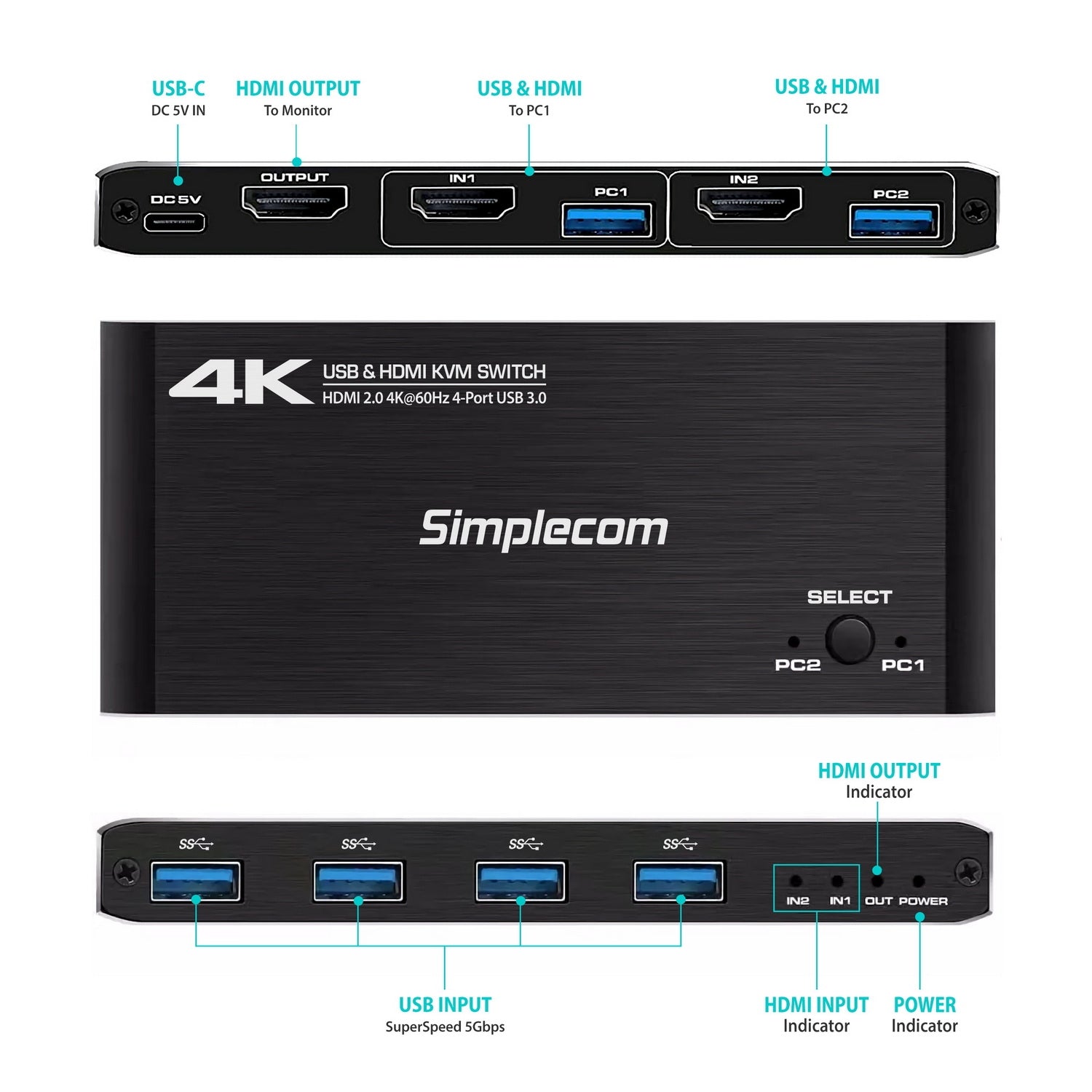 Simplecom KM420 2-Port HDMI KVM Switch HDMI 2.0 4K@60Hz 4-Port USB 3.0 Hub 5Gbps 5