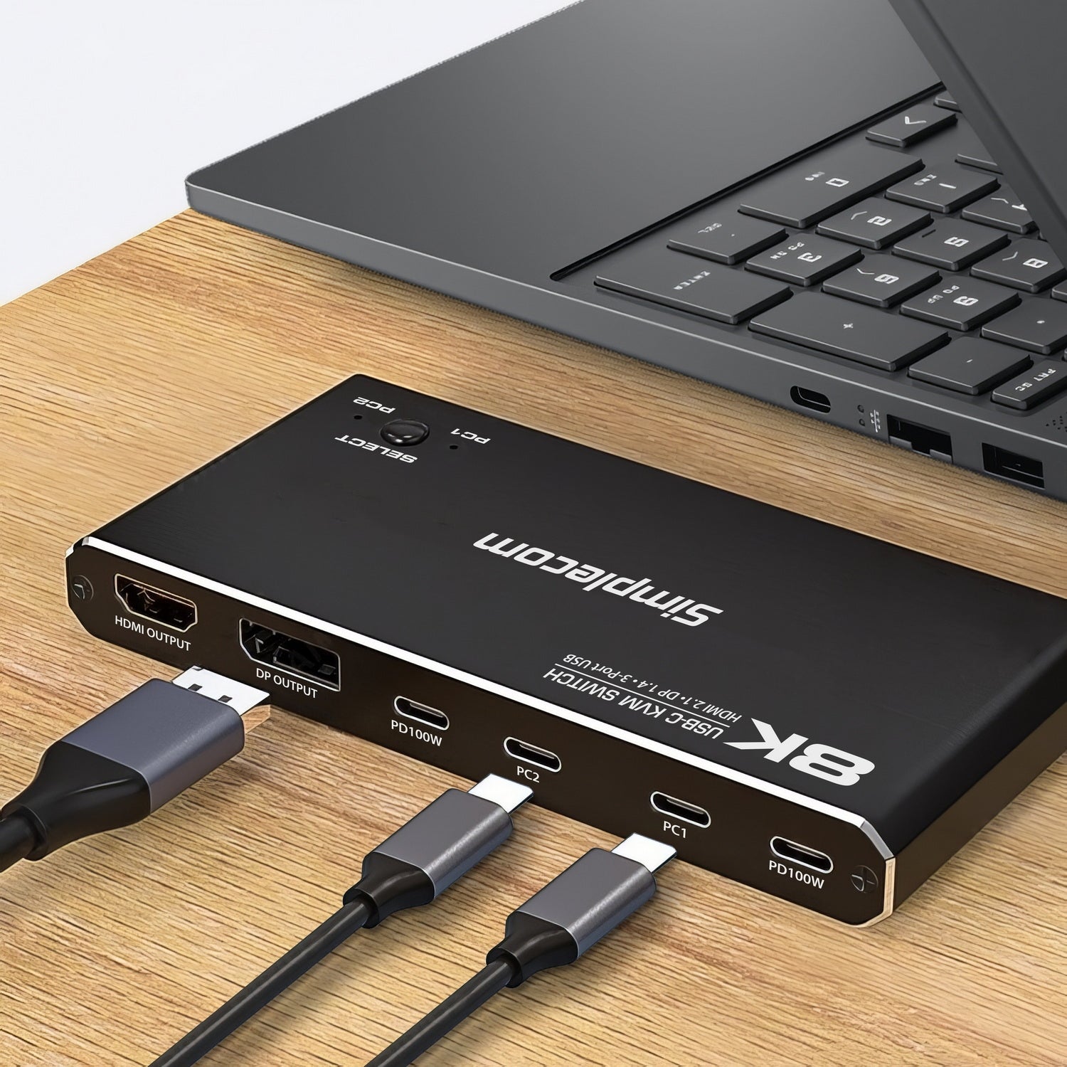 Simplecom KM470 2-Port USB-C KVM Switch 8K Docking Station HDMI 2.1 DP for Laptop Tablet 4