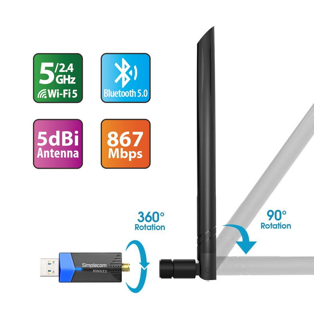 Simplecom NW632 Wi-Fi 5 Bluetooth 5.0 USB Adapter Dual Band AC1200 3