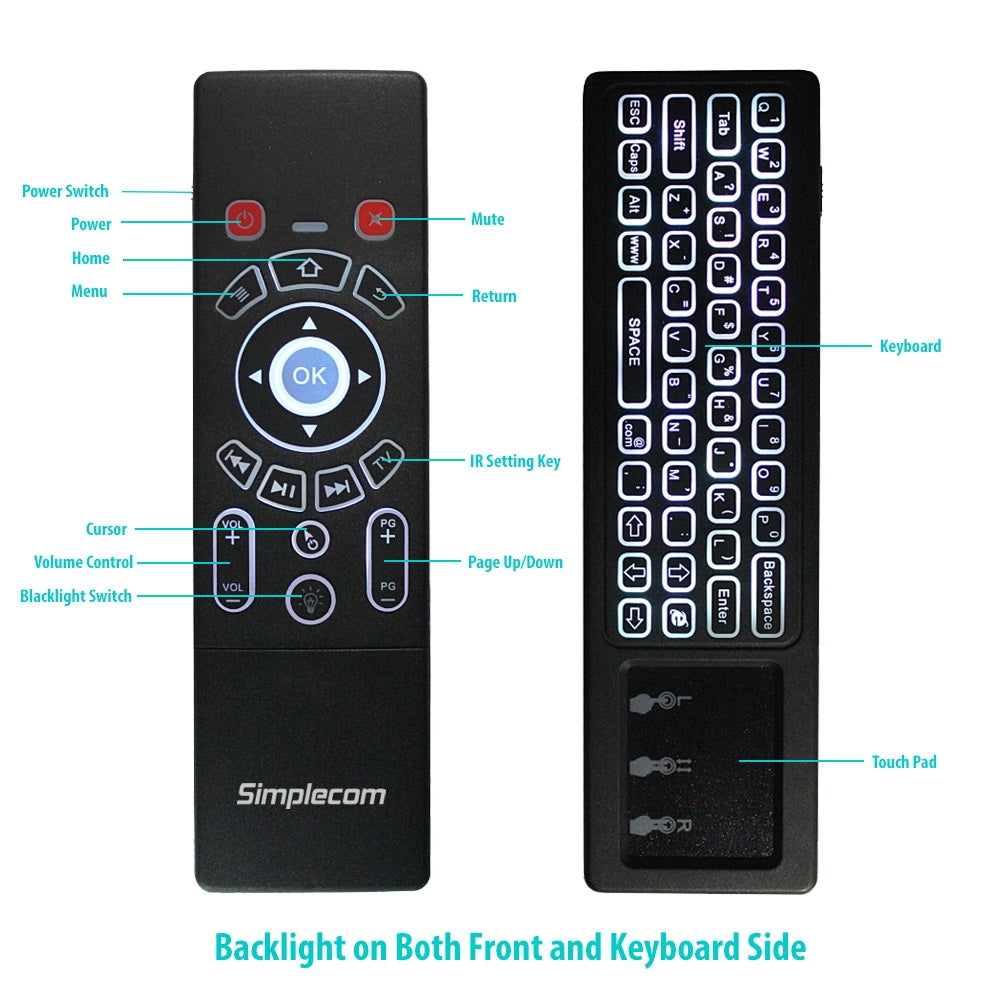 Simplecom RT250 Rechargeable 2.4GHz Wireless Remote Air Mouse Keyboard with Touch Pad and Backlight 3