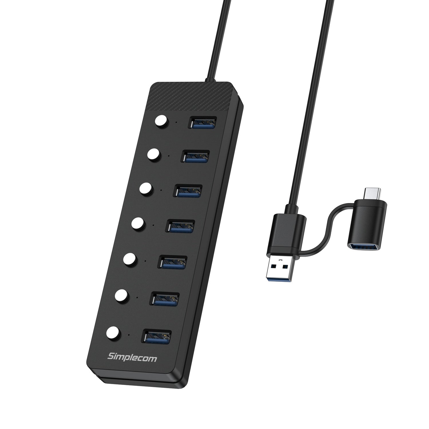 Simplecom CH375C USB-A and USB-C to 7-Port USB 3.0 Hub 5Gbps Individual Switches and Power Adapter 3