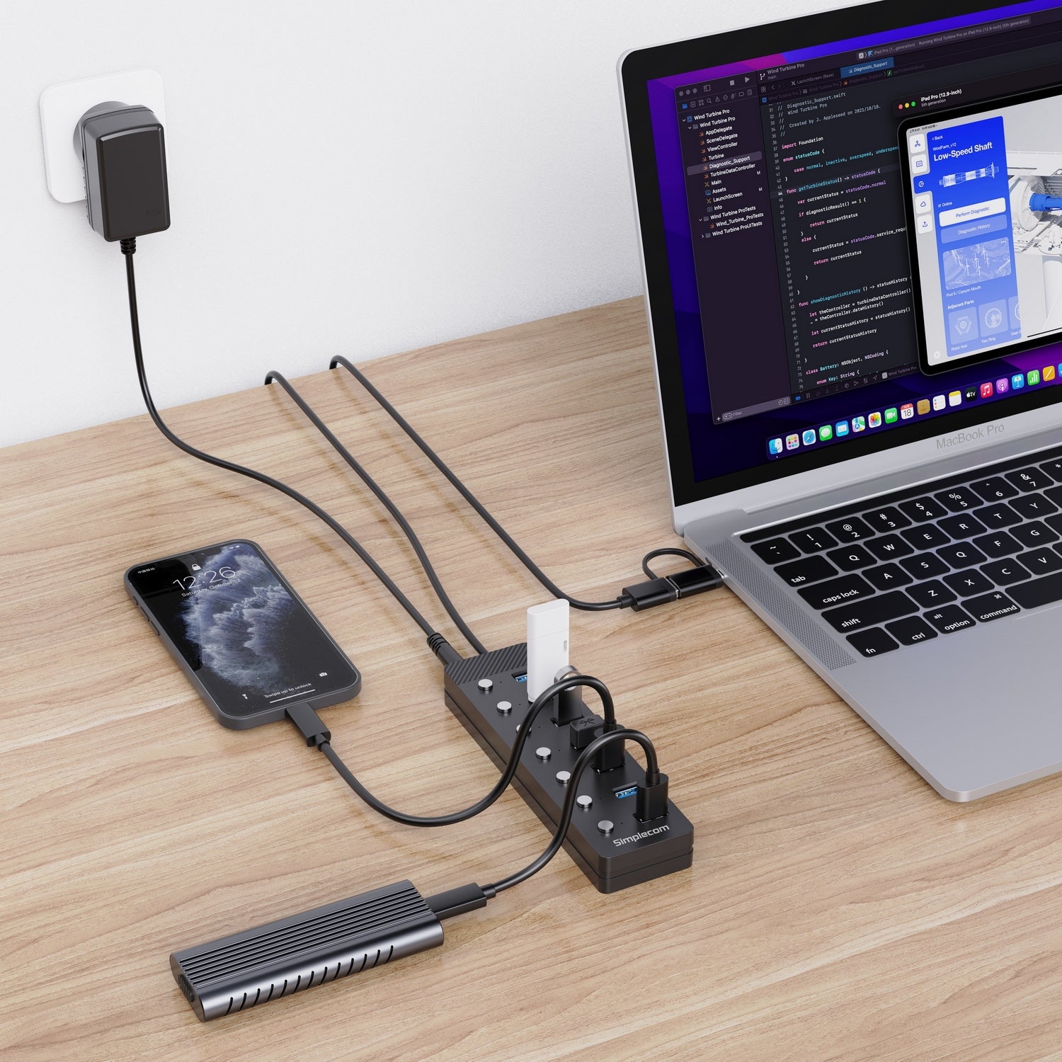 Simplecom CH375C USB-A and USB-C to 7-Port USB 3.0 Hub 5Gbps Individual Switches and Power Adapter 5
