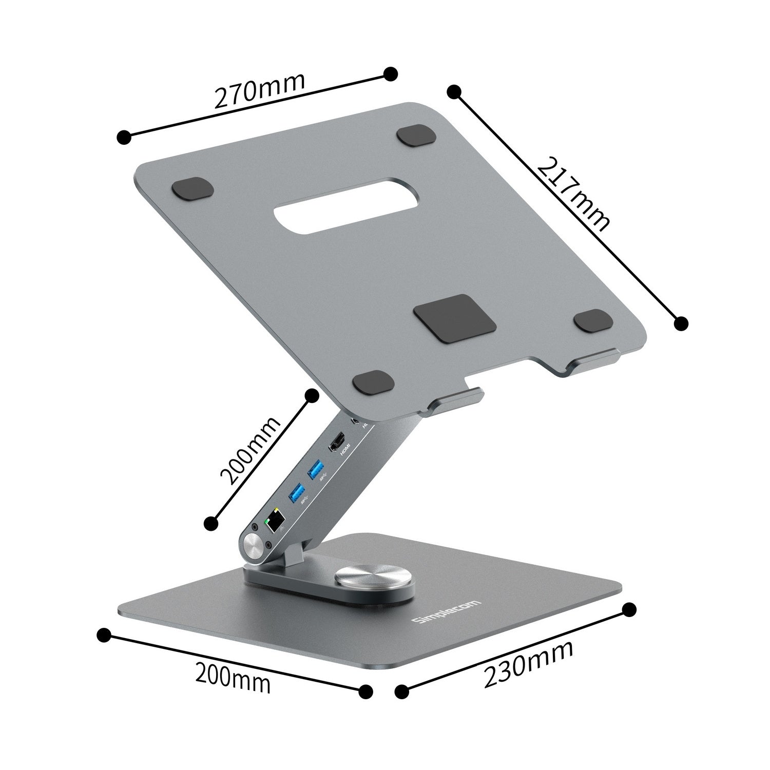 Simplecom CHT660 Adjustable Aluminium Laptop Stand with 6-Port USB-C Docking Station Dual 4K HDMI Display 4