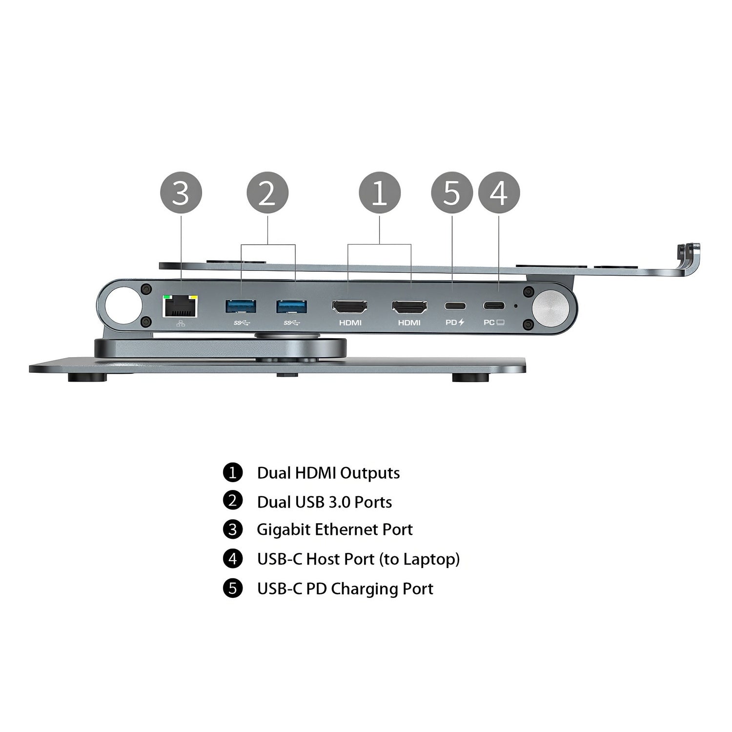 Simplecom CHT660 Adjustable Aluminium Laptop Stand with 6-Port USB-C Docking Station Dual 4K HDMI Display 5