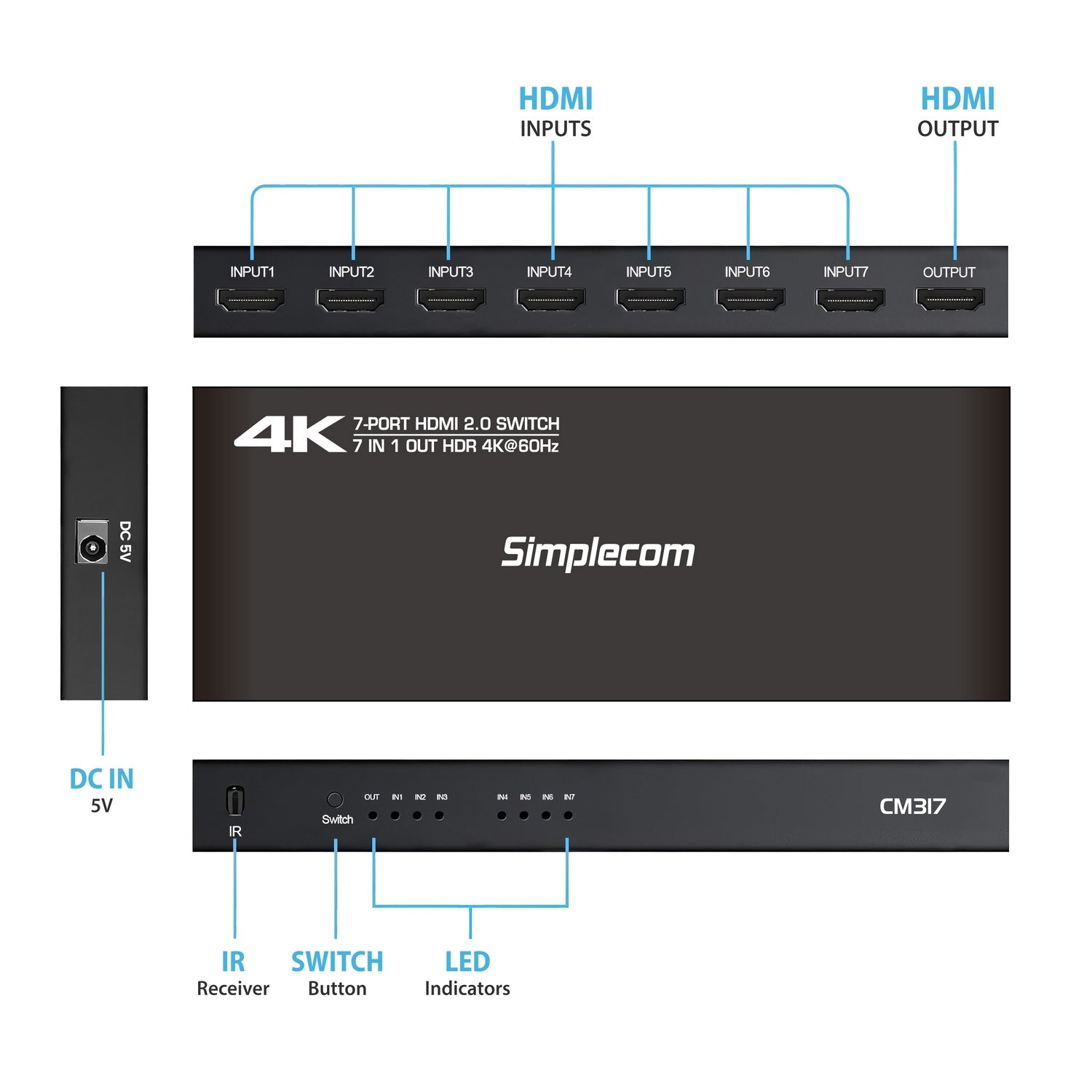 Simplecom CM317 7-Port HDMI 2.0 Switch with Remote 7 IN 1 OUT Splitter HDCP 2.2 4K@60Hz 3