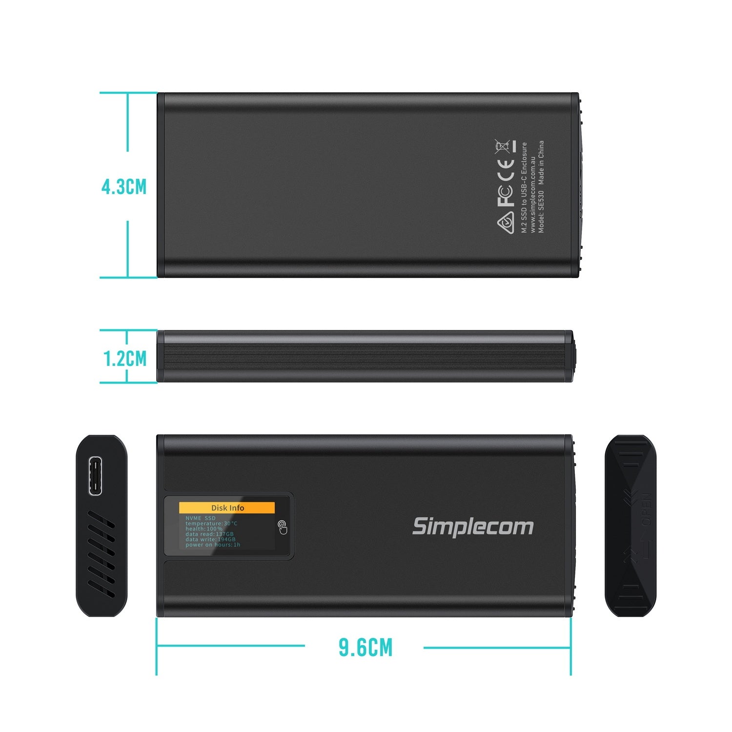Simplecom SE530 NVMe / SATA M.2 SSD to USB-C Enclosure with SMART LED Screen USB 3.2 Gen 2 10Gbps 5