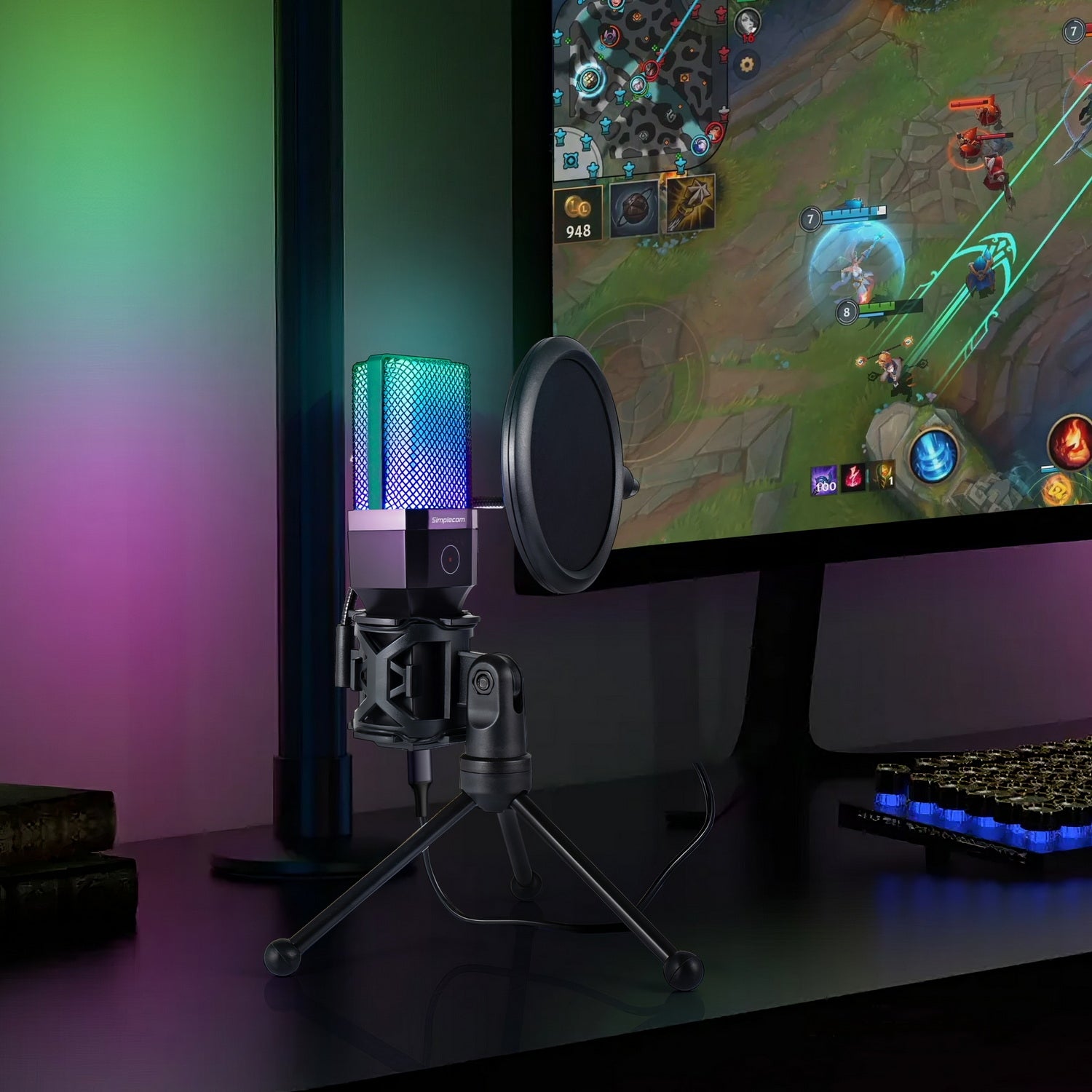 Simplecom UM650 USB Cardioid Condenser Microphone Gaming RGB Lights with Tripod & Pop Filter 4