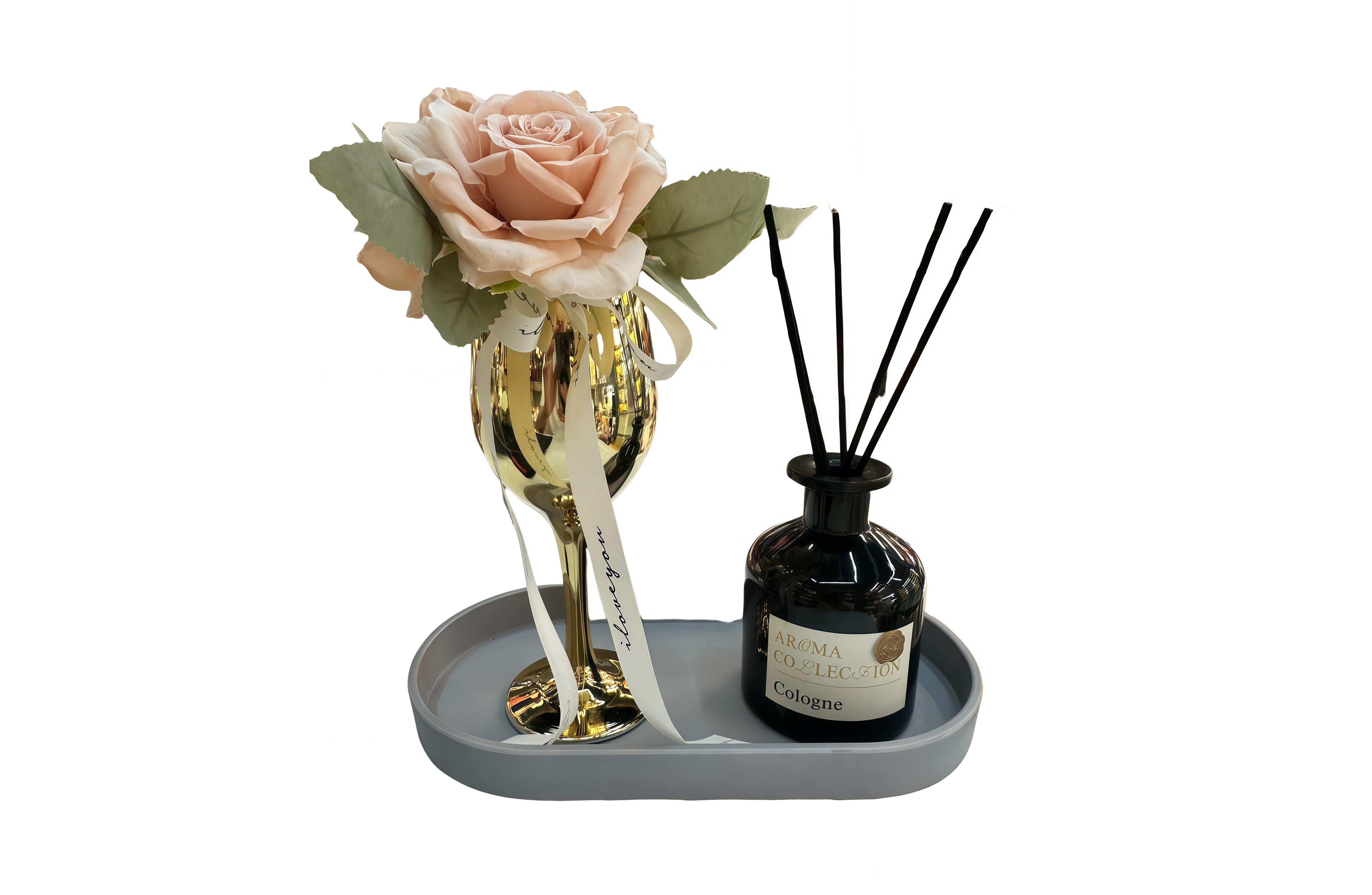 Flower Decor Tray & Fragrance Diffuser Sets -Gold