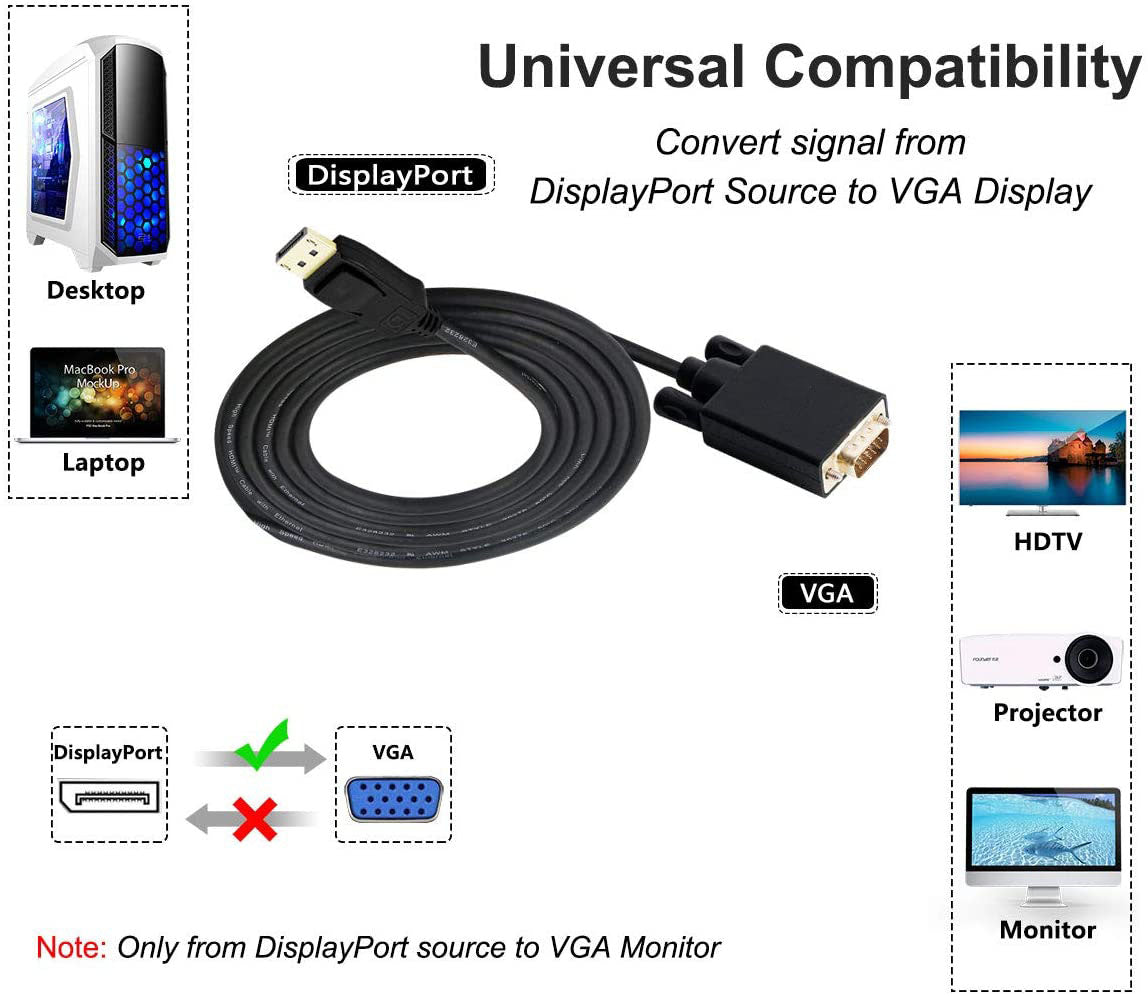 1.8M Display Port DP Male To VGA/M Cable Converter Connector Adaptor 5