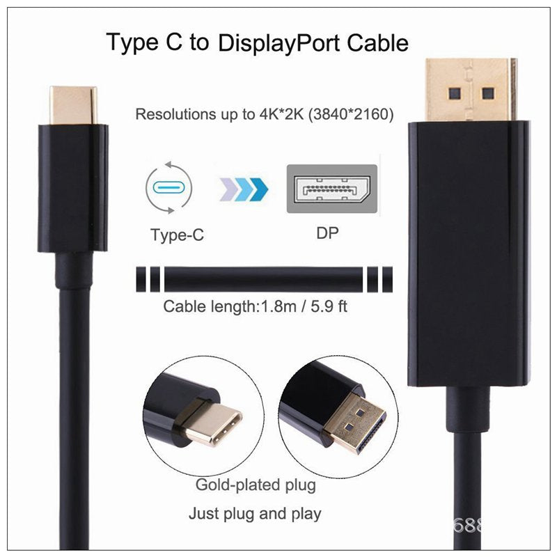 1.8M Type C USB-C Thunderbolt 3 to Display port DP Cable Male to Male Converter 5