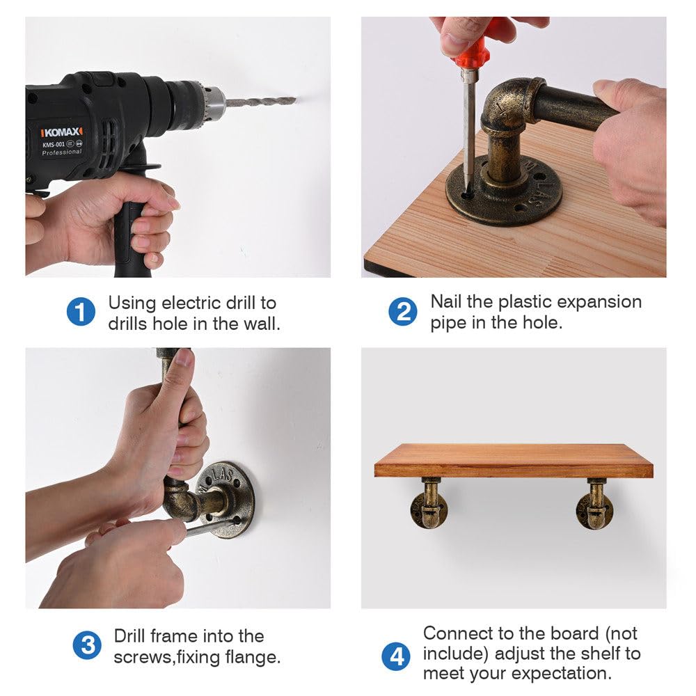 4PCS Pipe Floating Shelf Bracket Industrial Pipe Shelf Bracket Mounting Bracket Storage Racks Decor Bronze 6