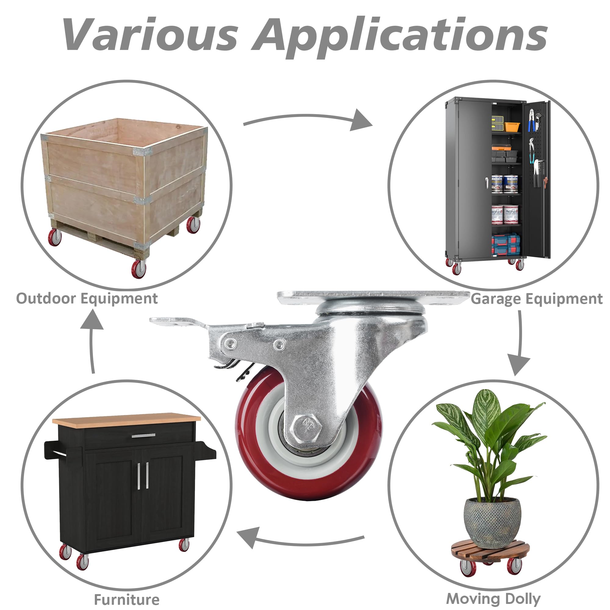 4x 4 inch Heavy Duty 2x Fixed + 2x Swivel Casters Load 520kg Lockable Castor Caster Wheels Swivel Casters with Brakes 7