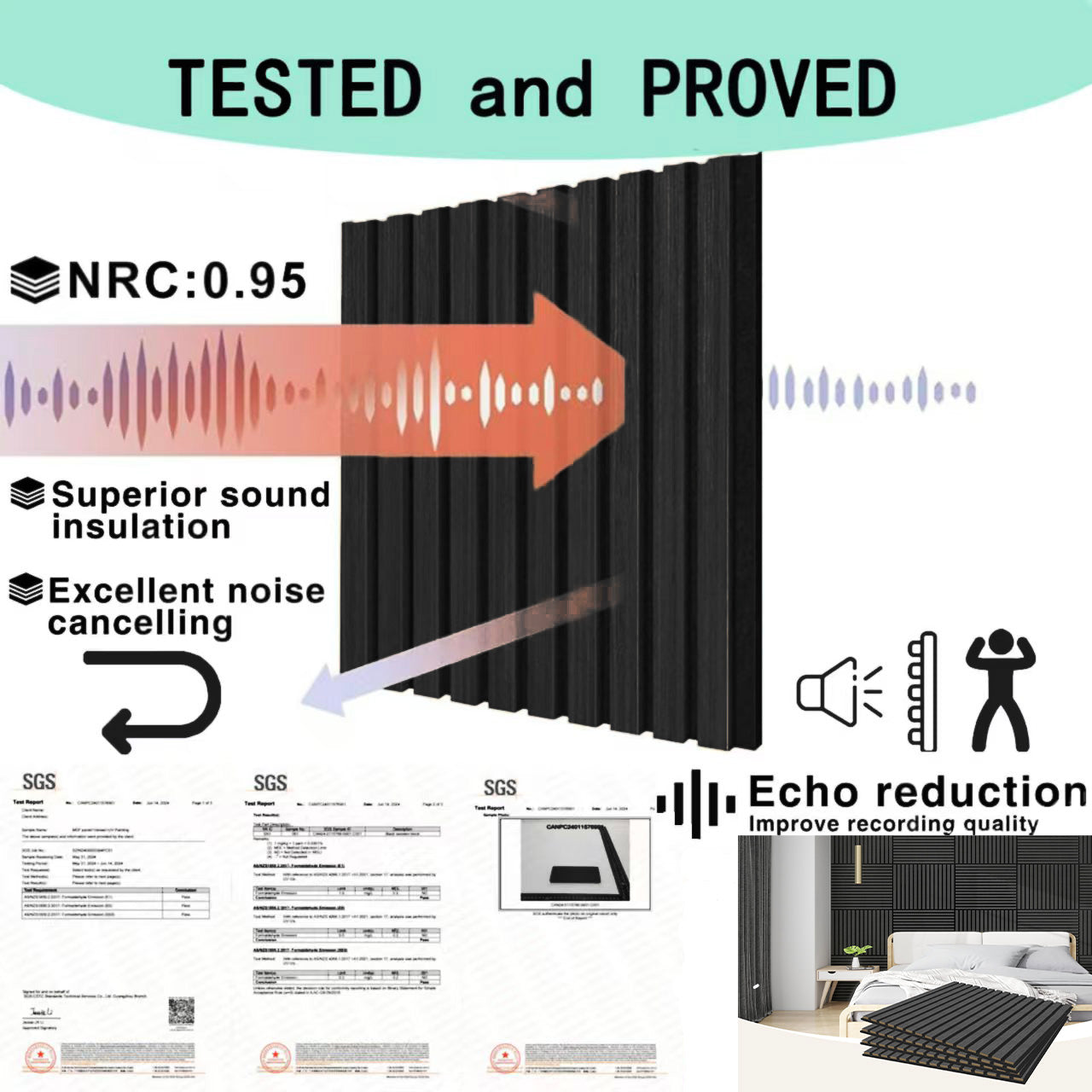 4 Pcs 60cm x 60cm Wall Panel Wood Slat Acoustic Panels Sound Absorbing Proof Panel for Wall Ceiling Decorative Black 3