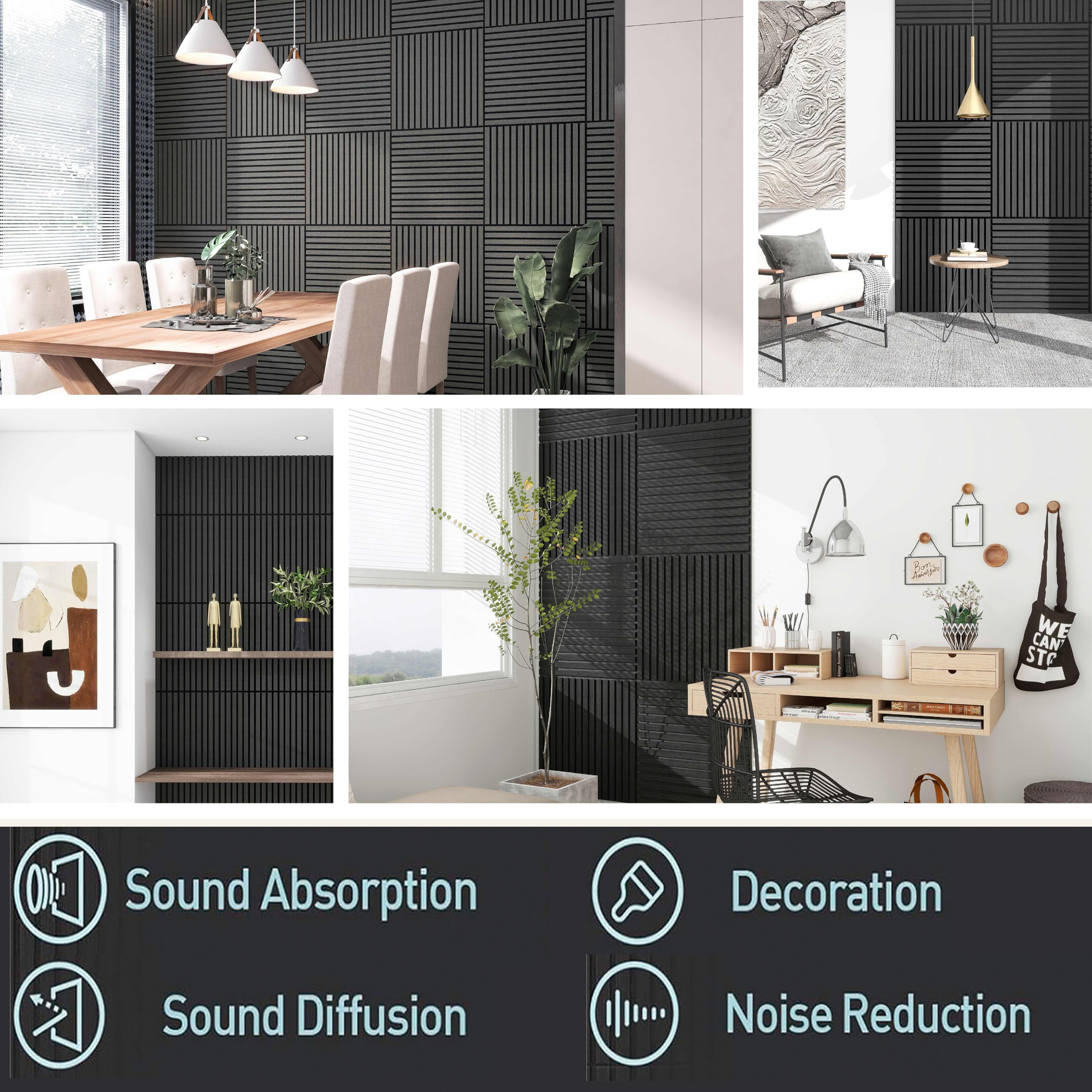 4 Pcs 60cm x 60cm Wall Panel Wood Slat Acoustic Panels Sound Absorbing Proof Panel for Wall Ceiling Decorative Black 5