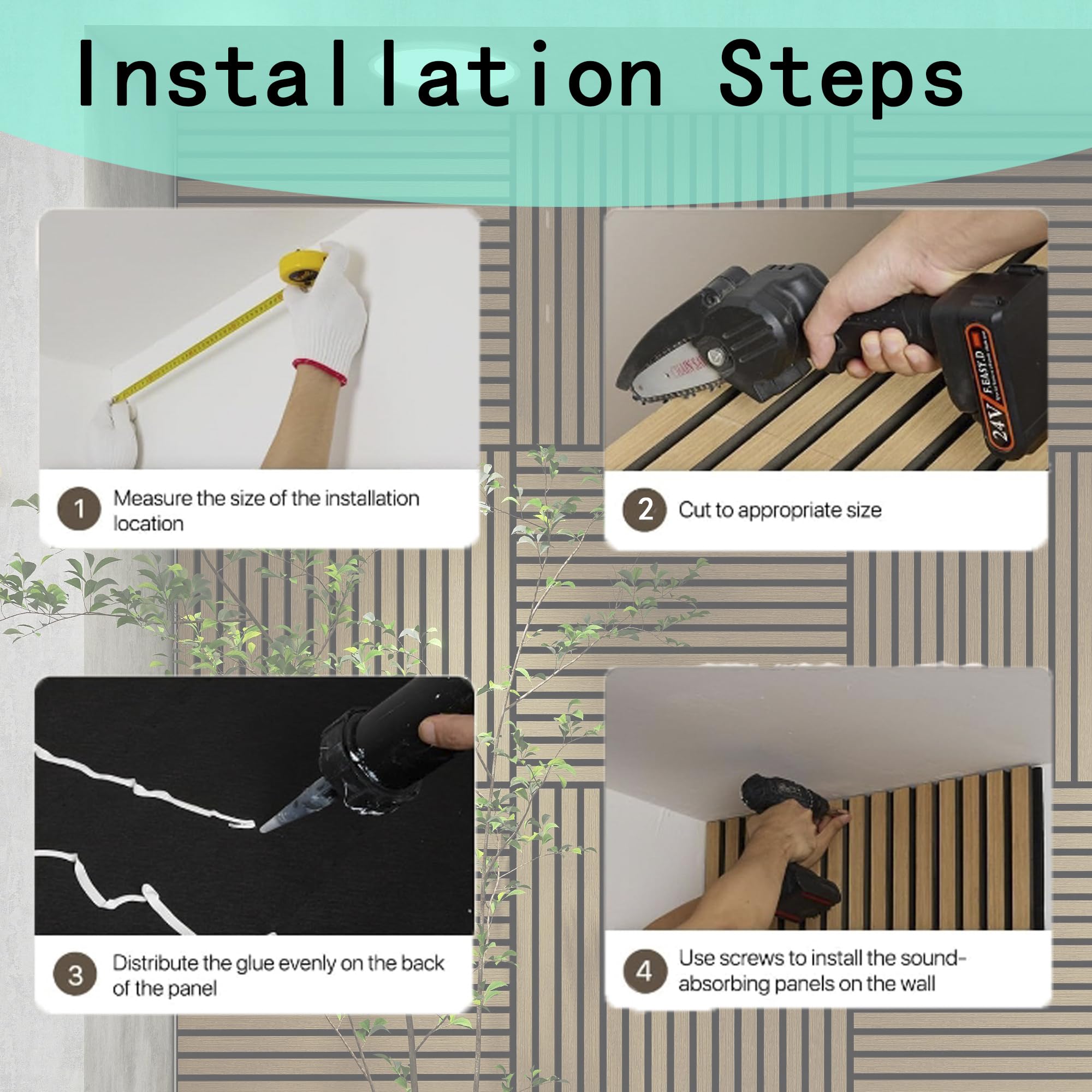 4 Pcs 60cm x 60cm Wall Panel Wood Slat Acoustic Panels Sound Absorbing Proof Panel for Wall Ceiling Decorative Black 6