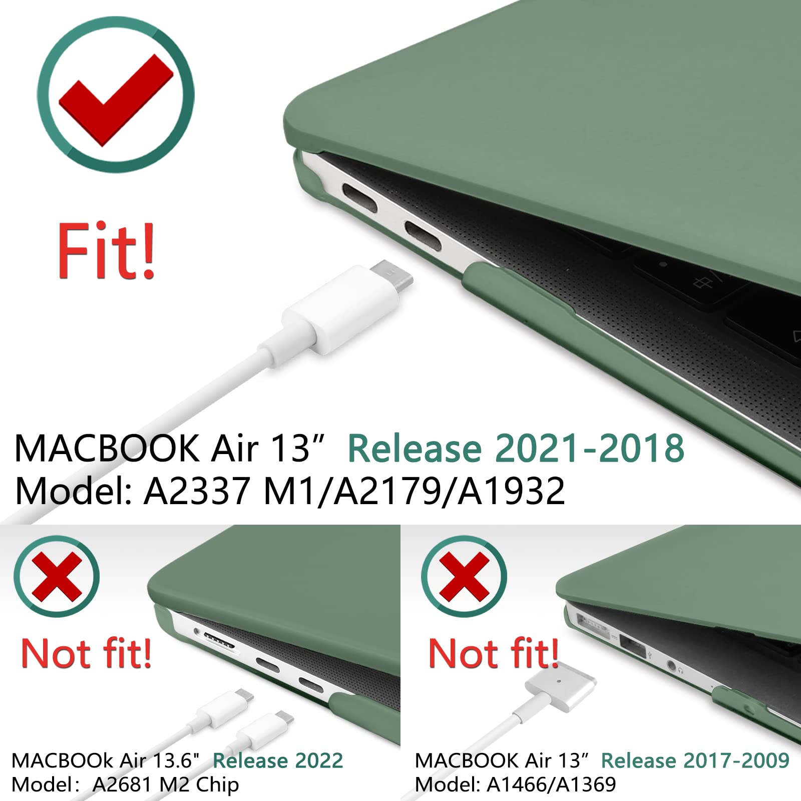 Suitable for  MacBook Air 13 Inch Case 2022 2021 2020 2019 2018, A1932, A2179, A2337 Shell Case Keyboard Cover Dark Green 3