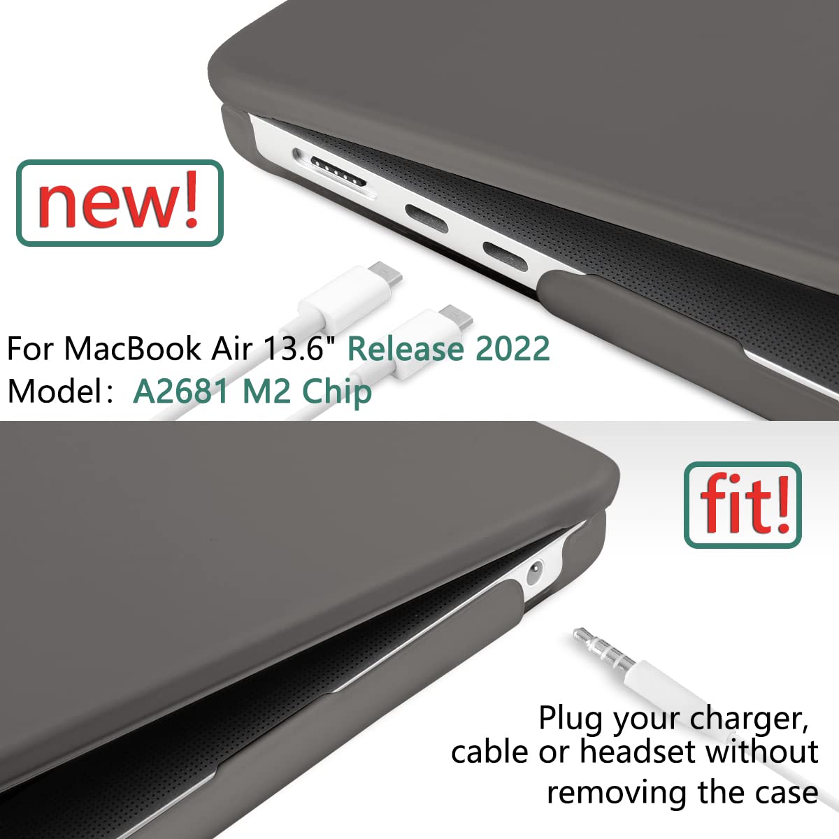 Suitable for  2023 2022 MacBook Air 13 inch case M2 Model A2681 Hard Shell Case Keyboard Cover Grey 4