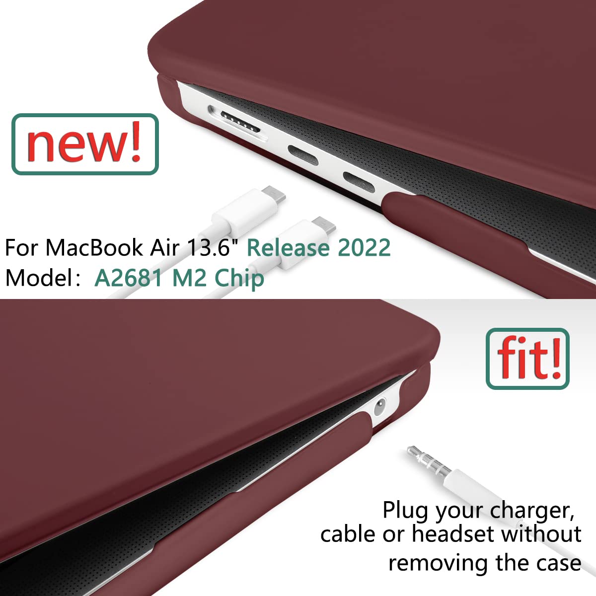 Suitable for  2023 2022 MacBook Air 13 inch case M2 Model A2681 Hard Shell Case Keyboard Cover Wine Red 4