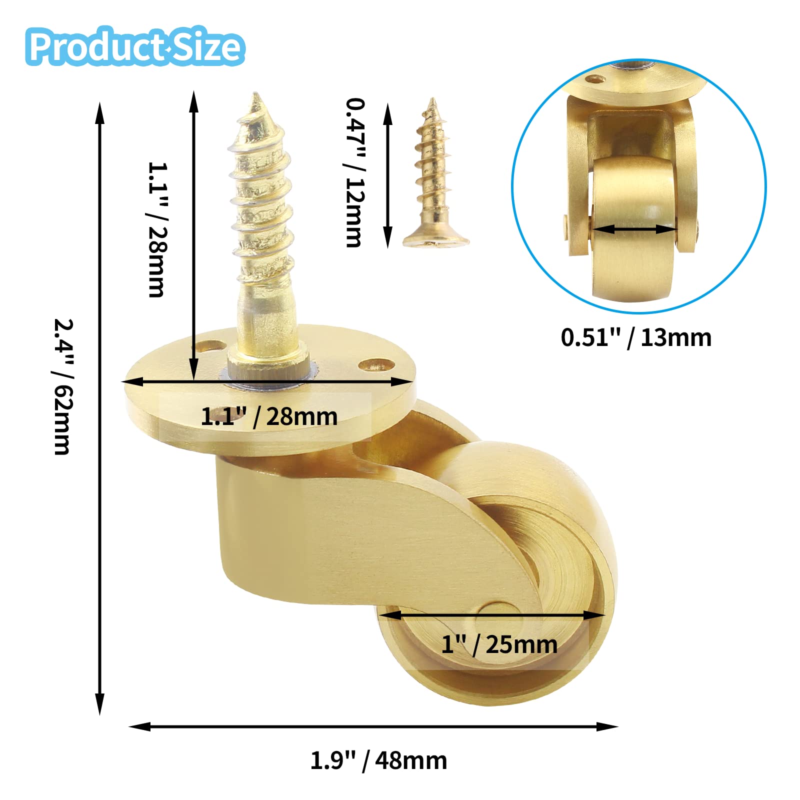 25mm Castor Brass Caster Wheel Swivel Vintage Chairs Cabinet Bed Furniture Wheels Brass 3