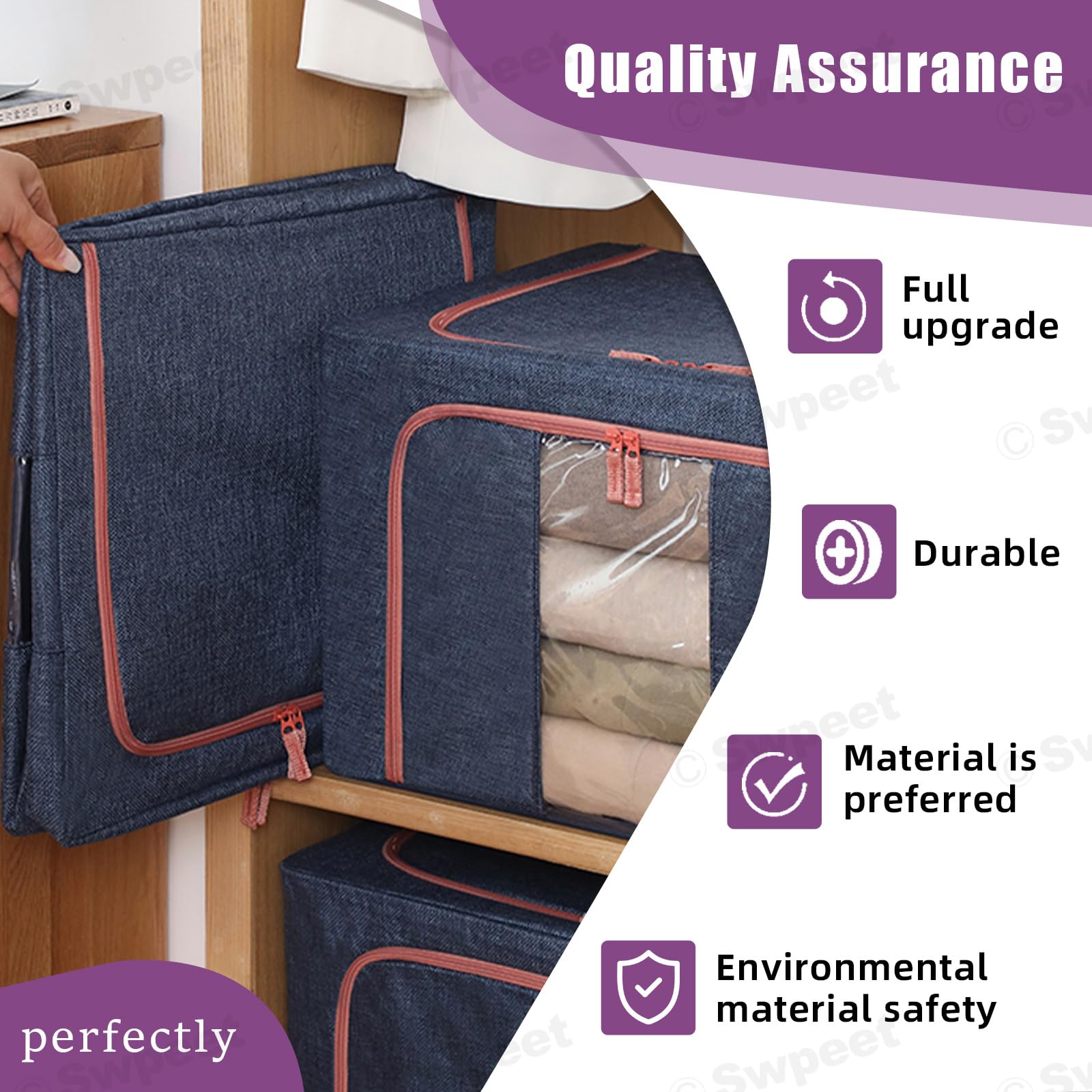 66L Cloth Storage Box Closet Organizer Storage Bags Clothes Storage Bags Wardrobe Organizer Idea Grey Blue 6