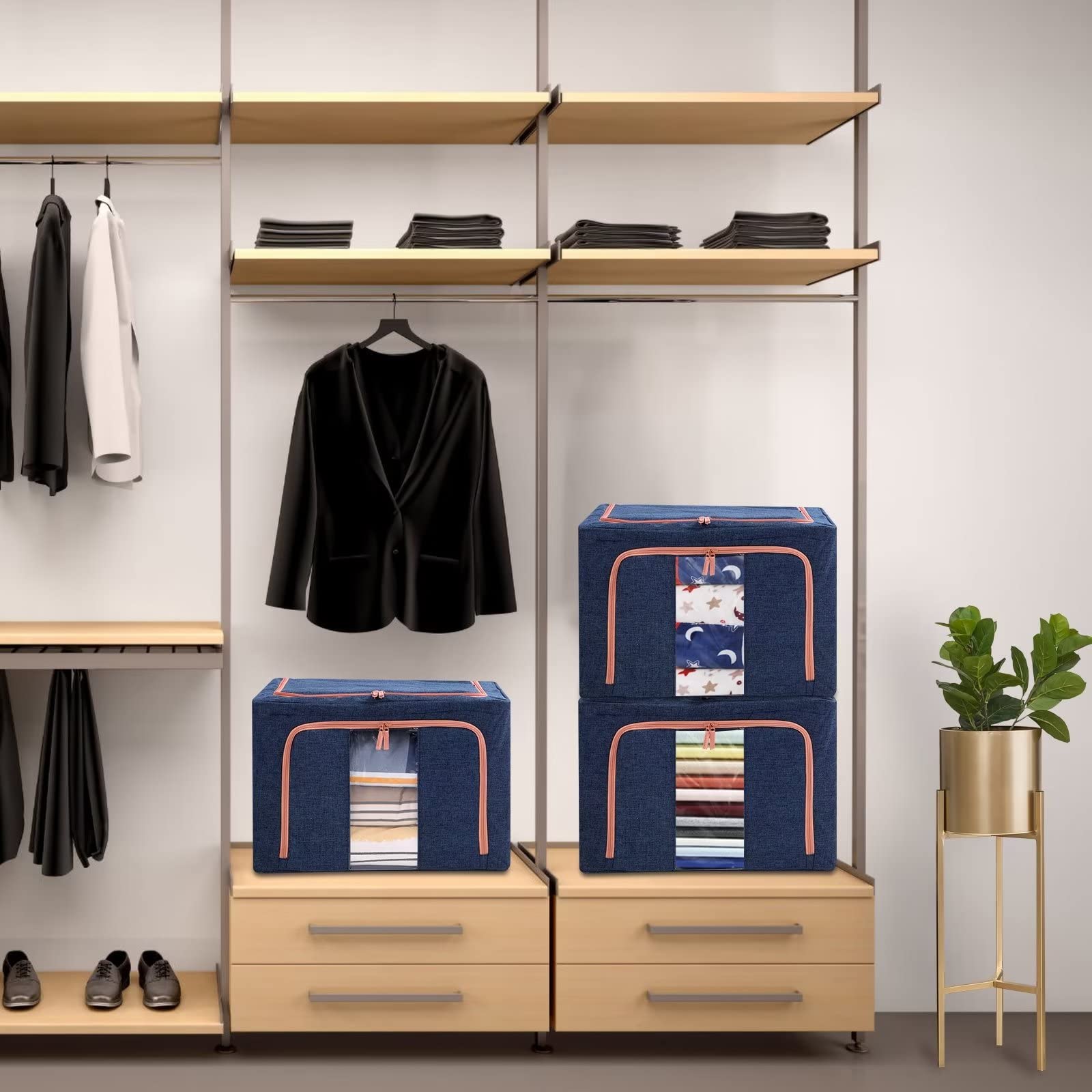 66L Cloth Storage Box Closet Organizer Storage Bags Clothes Storage Bags Wardrobe Organizer Idea Grey Blue 9