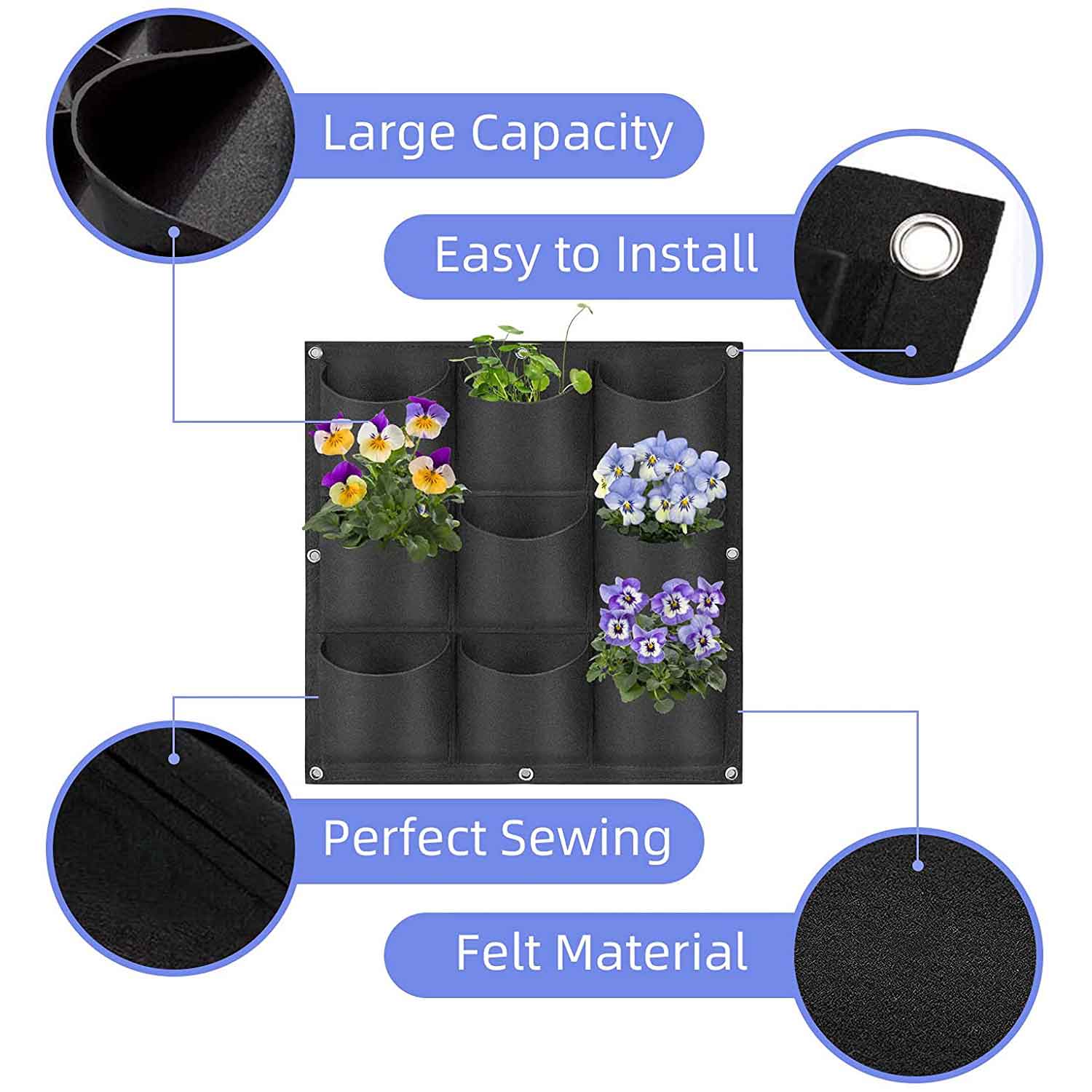 9 Pockets Wall Hanging Planter Planting Grow Bag Vertical Garden Vegetable Flower Black 8