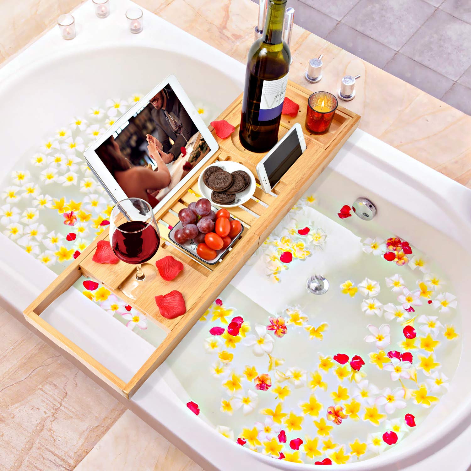 Bamboo Bathtub Bath tub Tray Table Caddy Tray Cellphone,Book,Tray Wineglass Holder 4