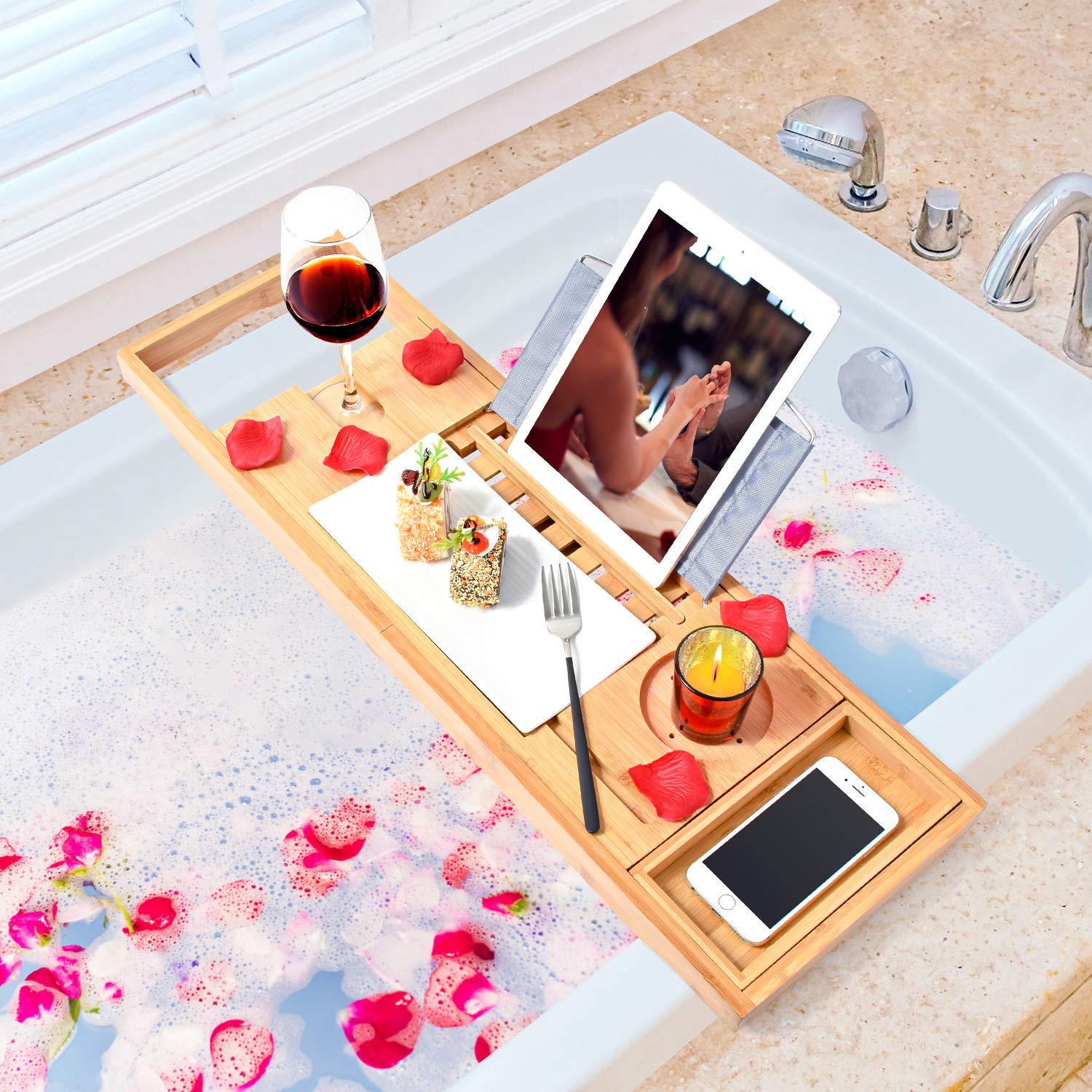 Bamboo Bathtub Bath tub Tray Table Caddy Tray Cellphone,Book,Tray Wineglass Holder 5