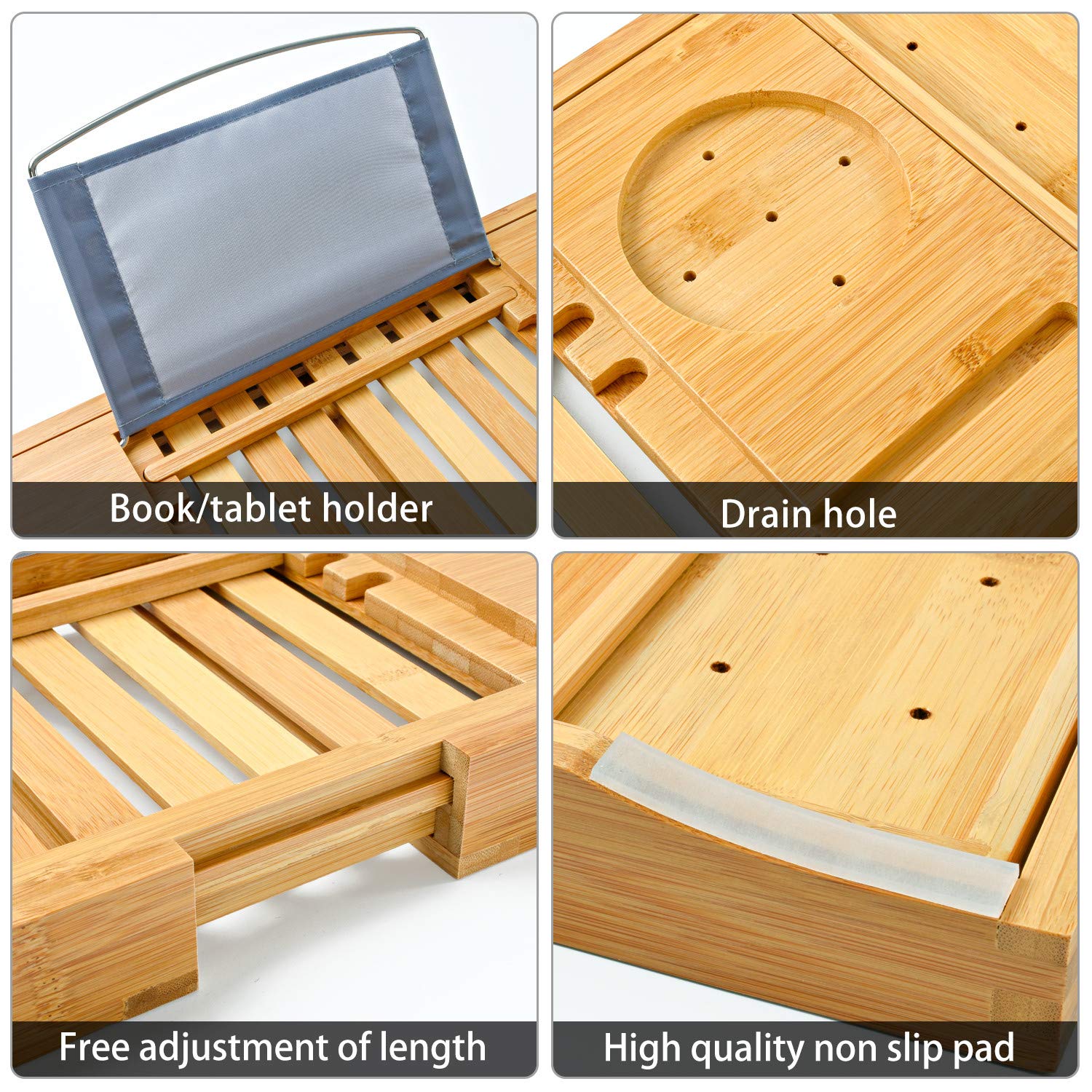 Bamboo Bathtub Bath tub Tray Table Caddy Tray Cellphone,Book,Tray Wineglass Holder 6