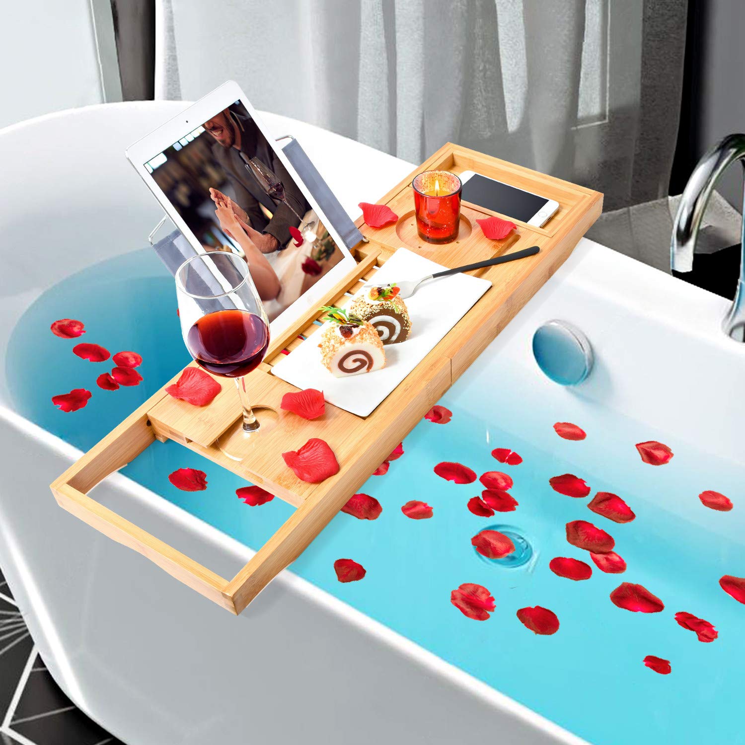 Bamboo Bathtub Bath tub Tray Table Caddy Tray Cellphone,Book,Tray Wineglass Holder 7