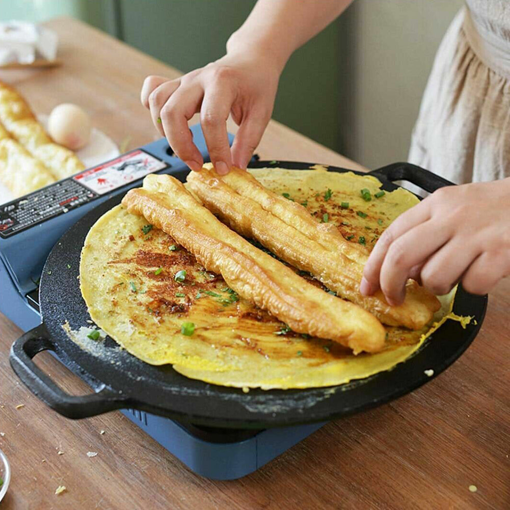 40cm Seasoned Cast Iron Induction Crepes Pan Baking Pancake Tool Pizza Bakeware 4