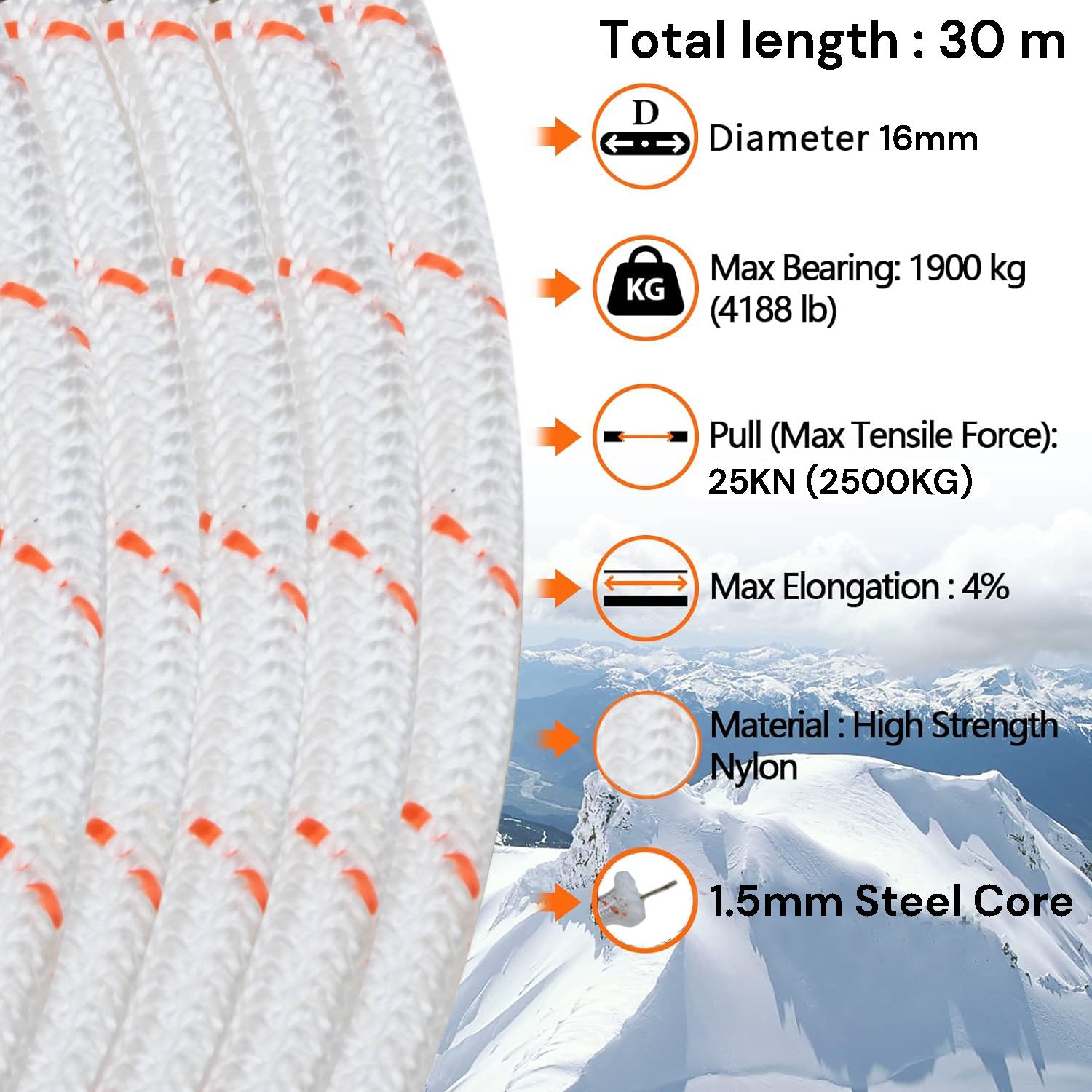 16mm 30m Safety Climbing Rope Nylon Rock Static Outdoor Boat Anchor Marine Rope Dock Lines Rope 3