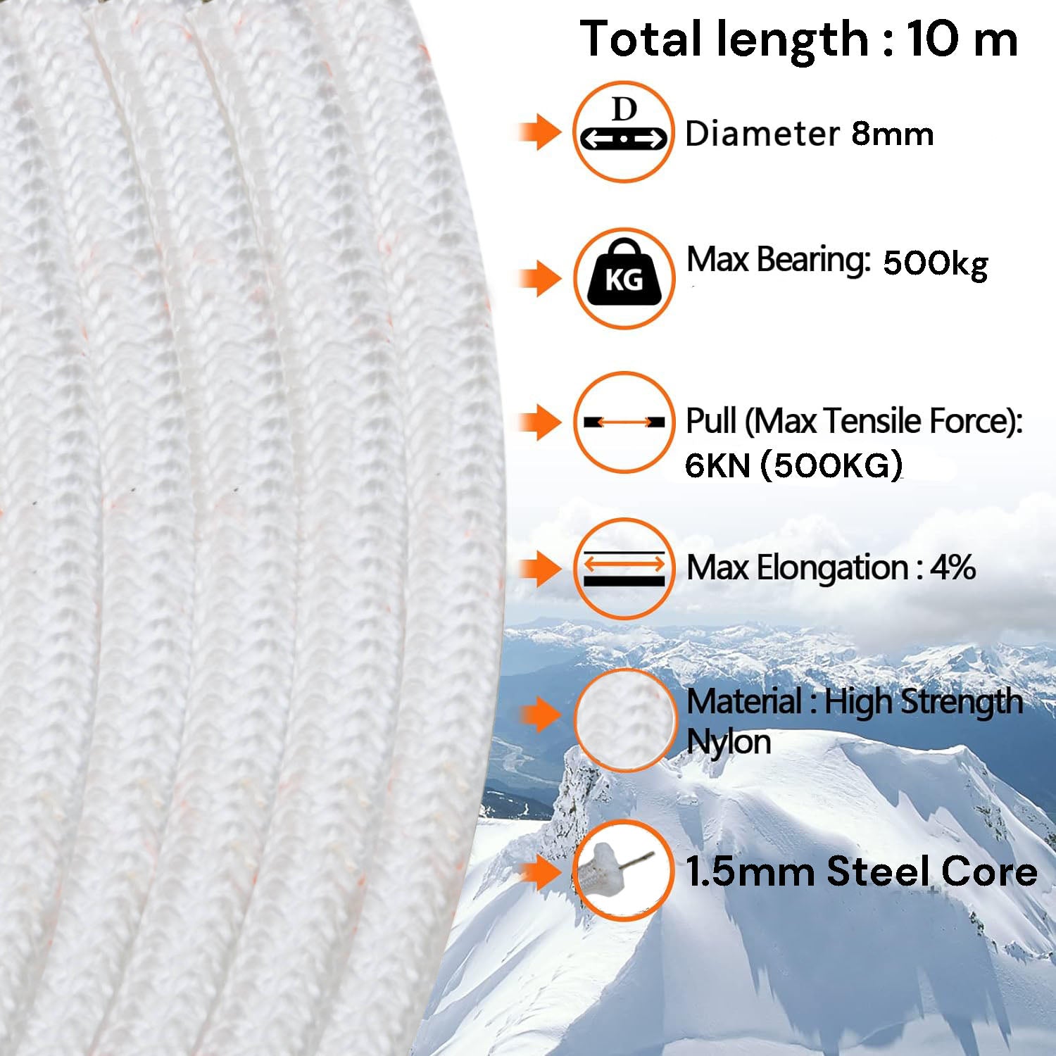 8mm 10m Safety Climbing Rope Nylon Rock Static Outdoor Boat Anchor Marine Rope Dock Lines Rope 5
