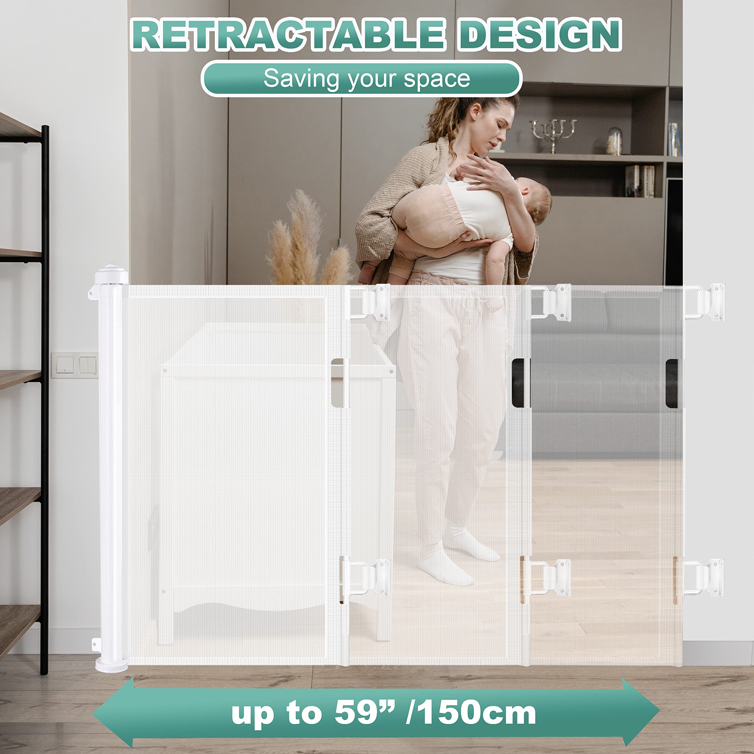 Retractable 1.5M Doorways Hallways Stairs Baby Gate Dog Pet Gate Indoor Outdoor Safety Gates White 3
