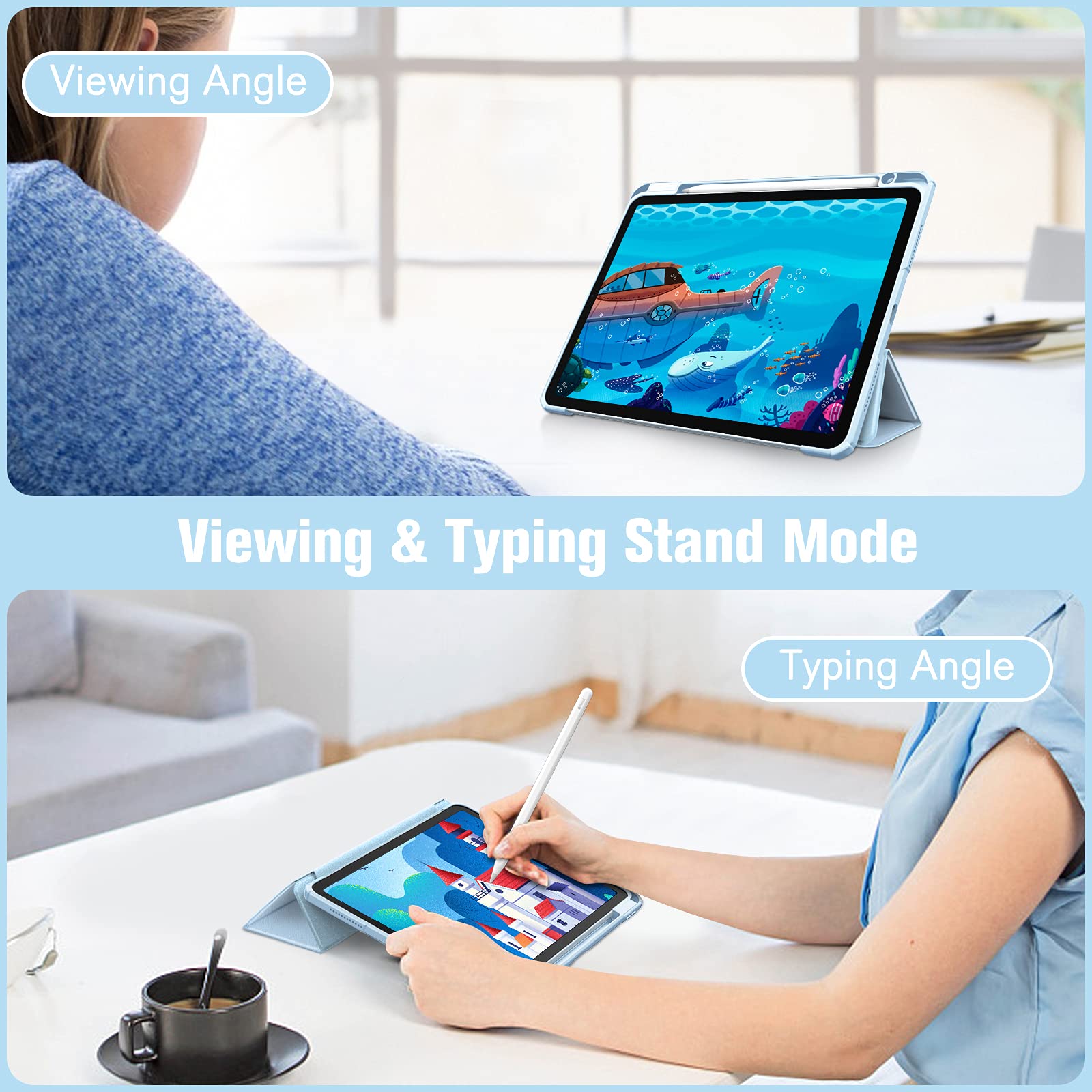 iPad 10th Case 10.9 Inch 2022 with Pencil Holder, Smart iPad Clear Case with Soft TPU Auto Wake Sleep Sky Blue 3