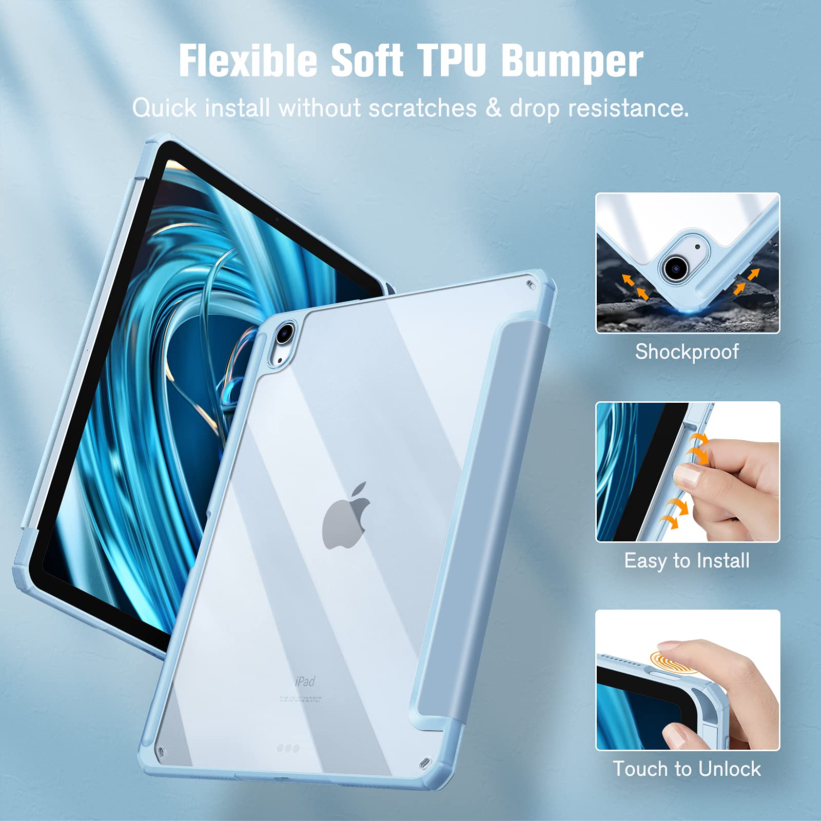 iPad 10th Case 10.9 Inch 2022 with Pencil Holder, Smart iPad Clear Case with Soft TPU Auto Wake Sleep Sky Blue 4