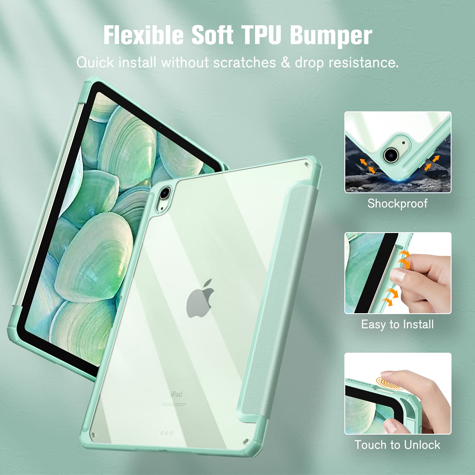 iPad 10th Case 10.9 Inch 2022 with Pencil Holder, Smart iPad Clear Case with Soft TPU Auto Wake Sleep Green 6