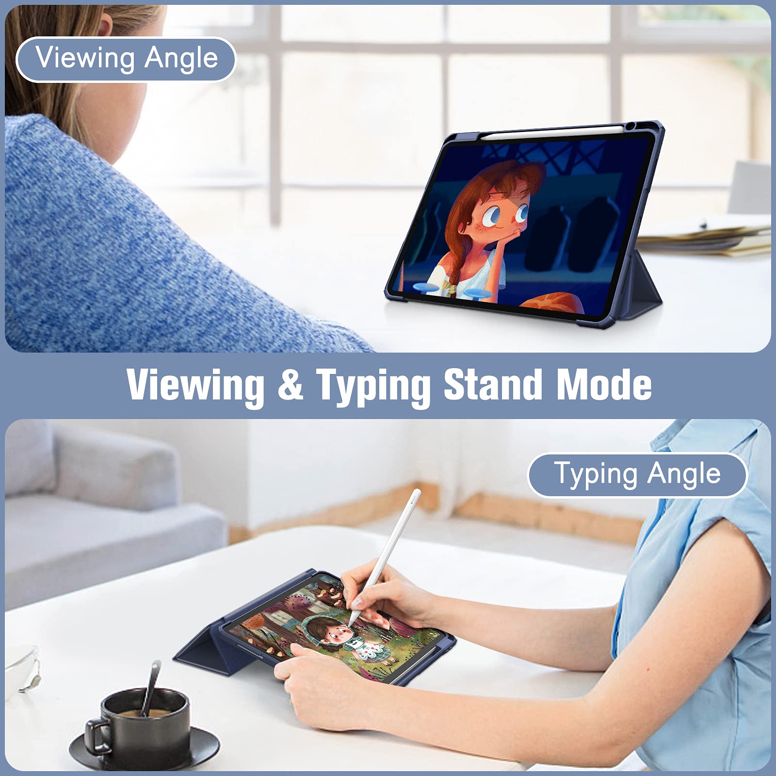 iPad Pro 11 Inch 2020-2022 Soft Tpu Smart Premium Case Auto Sleep Wake Stand Clear Cover Pencil holder navy blue 3