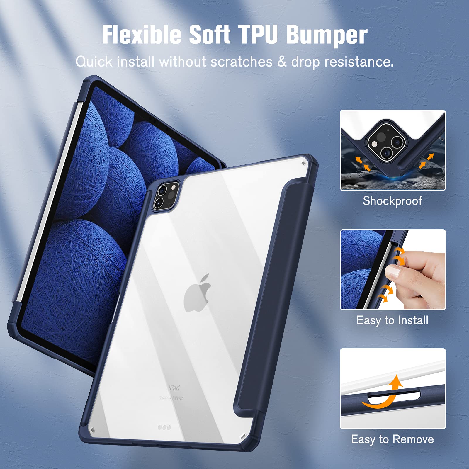 iPad Pro 11 Inch 2020-2022 Soft Tpu Smart Premium Case Auto Sleep Wake Stand Clear Cover Pencil holder navy blue 4