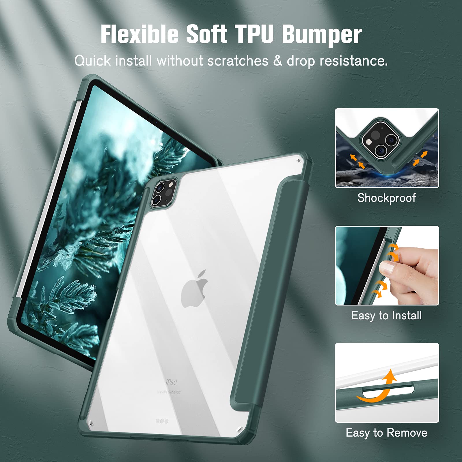 iPad Pro 11 Inch 2020-2022 Soft Tpu Smart Premium Case Auto Sleep Wake Stand Clear Cover Pencil holder Dark Green 3