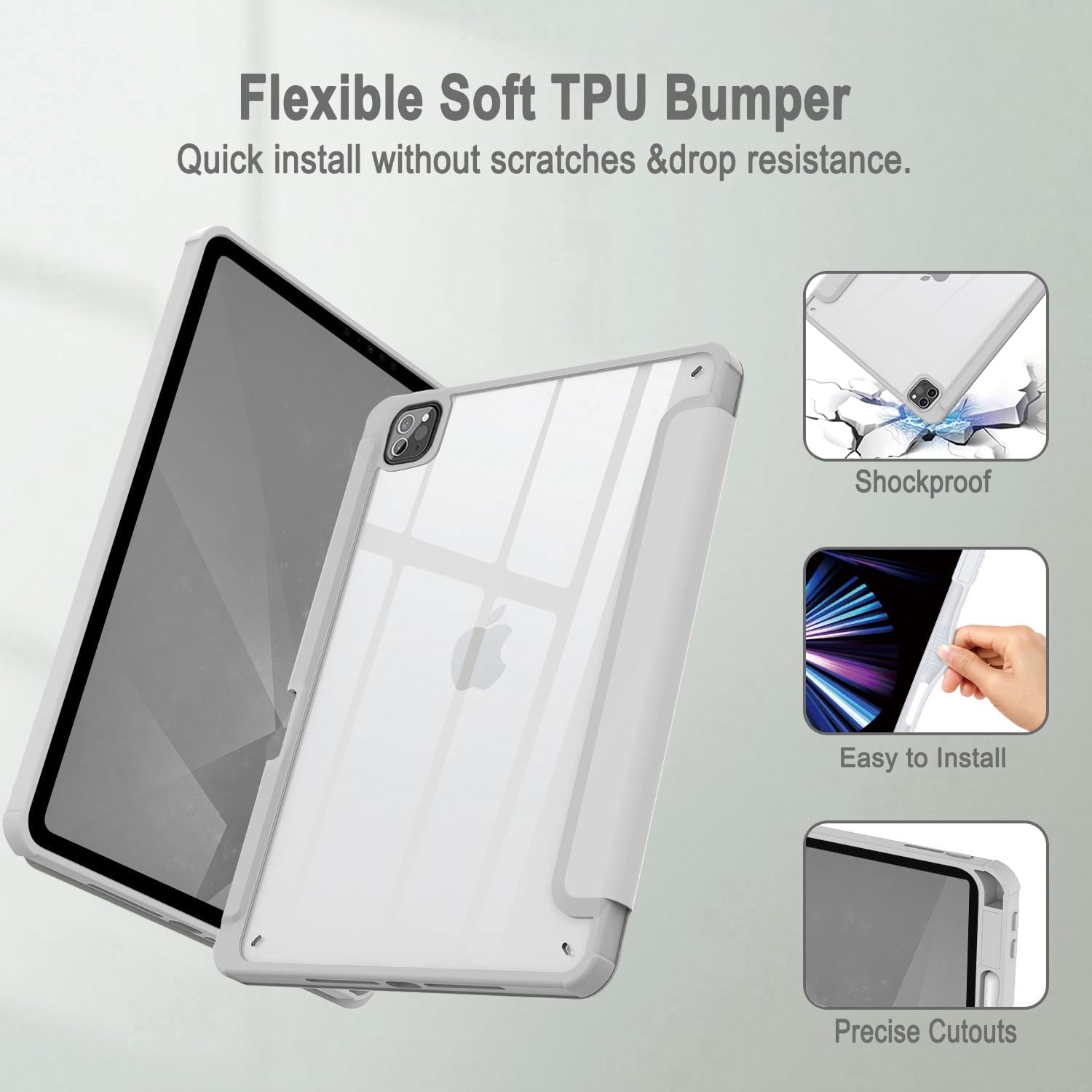 iPad Pro 11 Inch 2020-2022 Soft Tpu Smart Premium Case Auto Sleep Wake Stand Clear Cover Pencil holder Grey 3