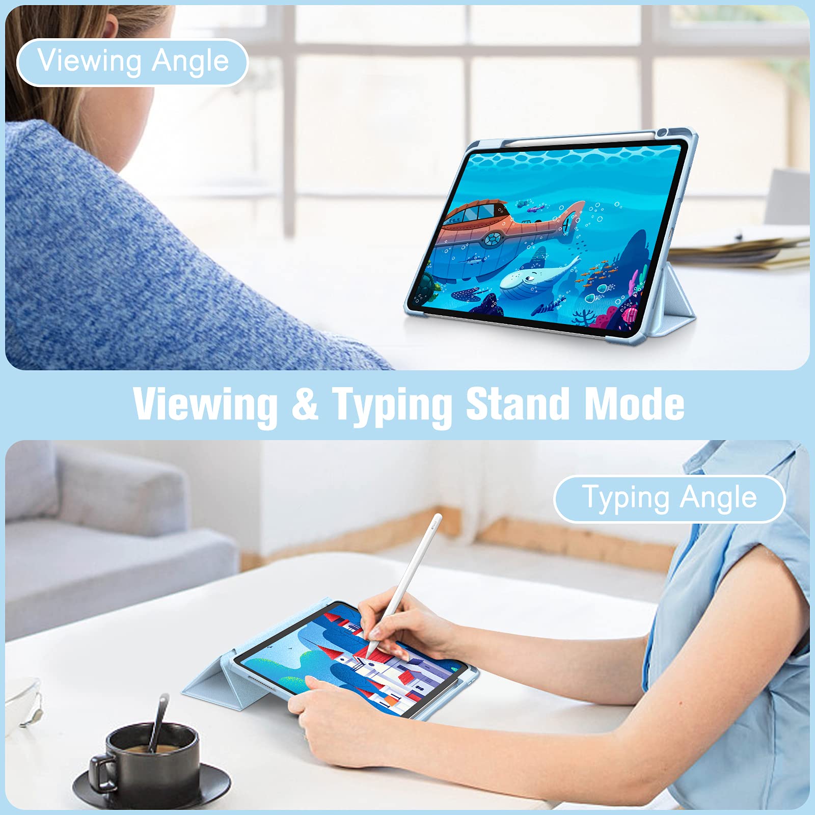iPad Pro 11 Inch 2020-2022 Soft Tpu Smart Premium Case Auto Sleep Wake Stand Clear Cover Pencil holder ice blue 3