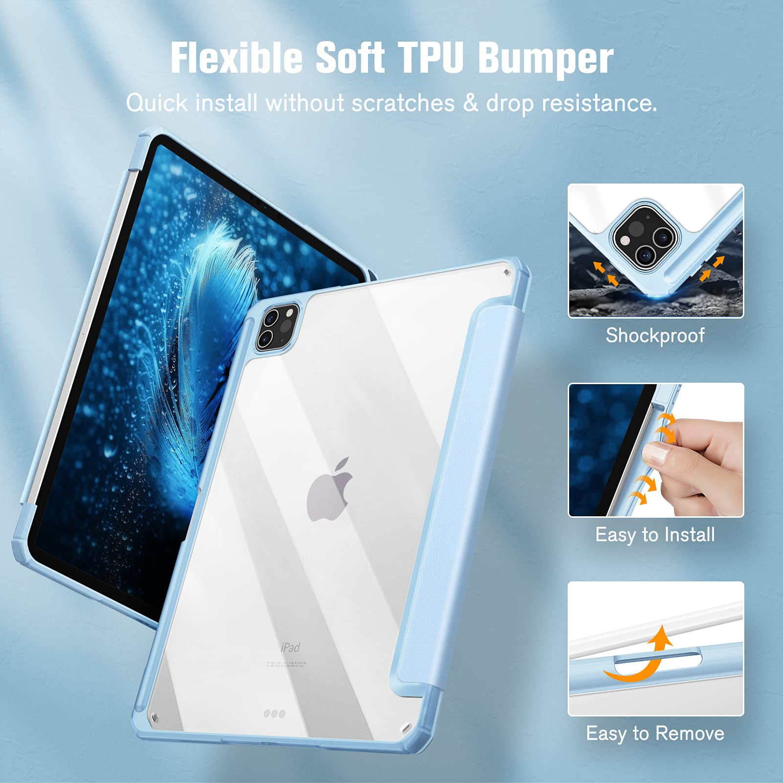 iPad Pro 11 Inch 2020-2022 Soft Tpu Smart Premium Case Auto Sleep Wake Stand Clear Cover Pencil holder ice blue 5