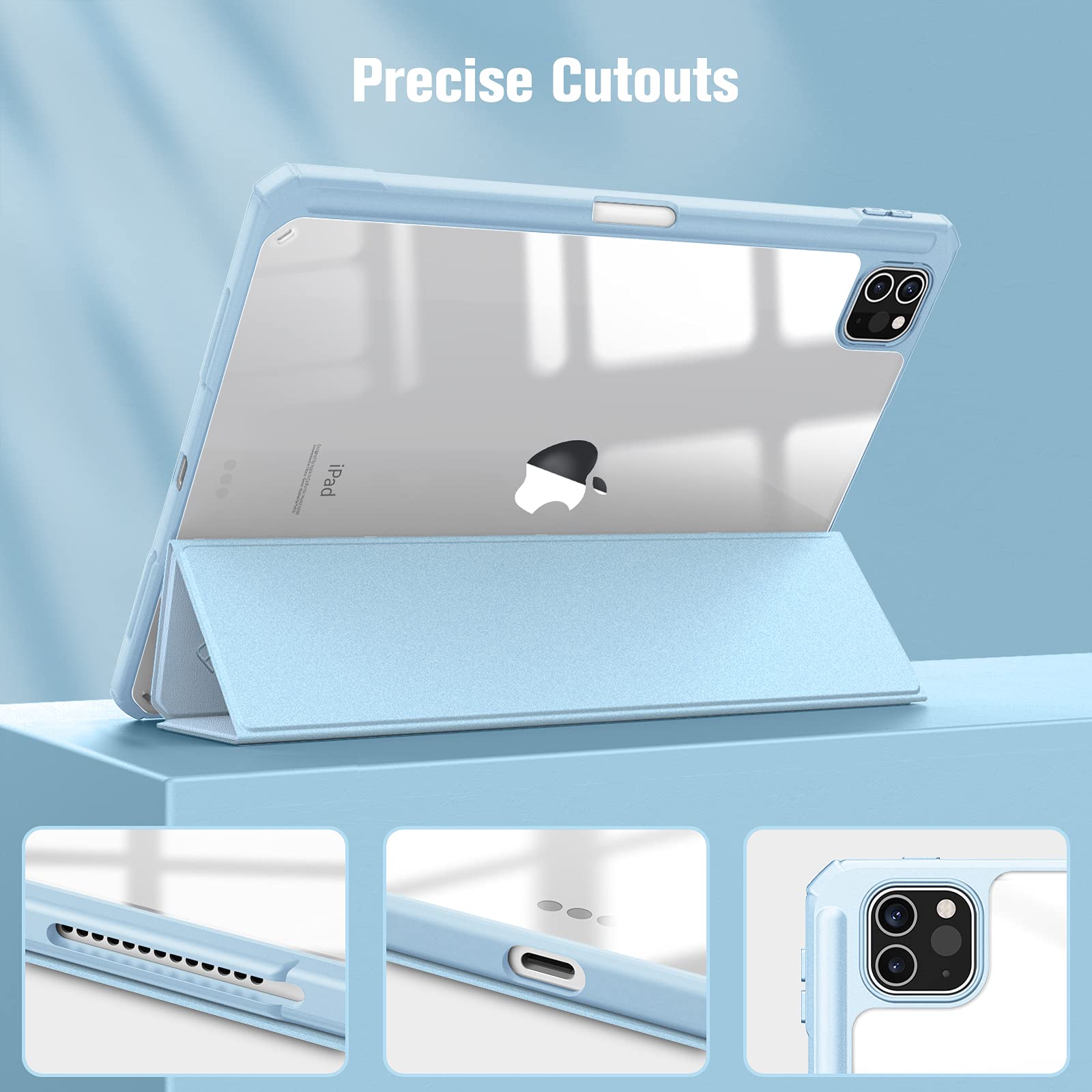 iPad Pro 11 Inch 2020-2022 Soft Tpu Smart Premium Case Auto Sleep Wake Stand Clear Cover Pencil holder ice blue 7
