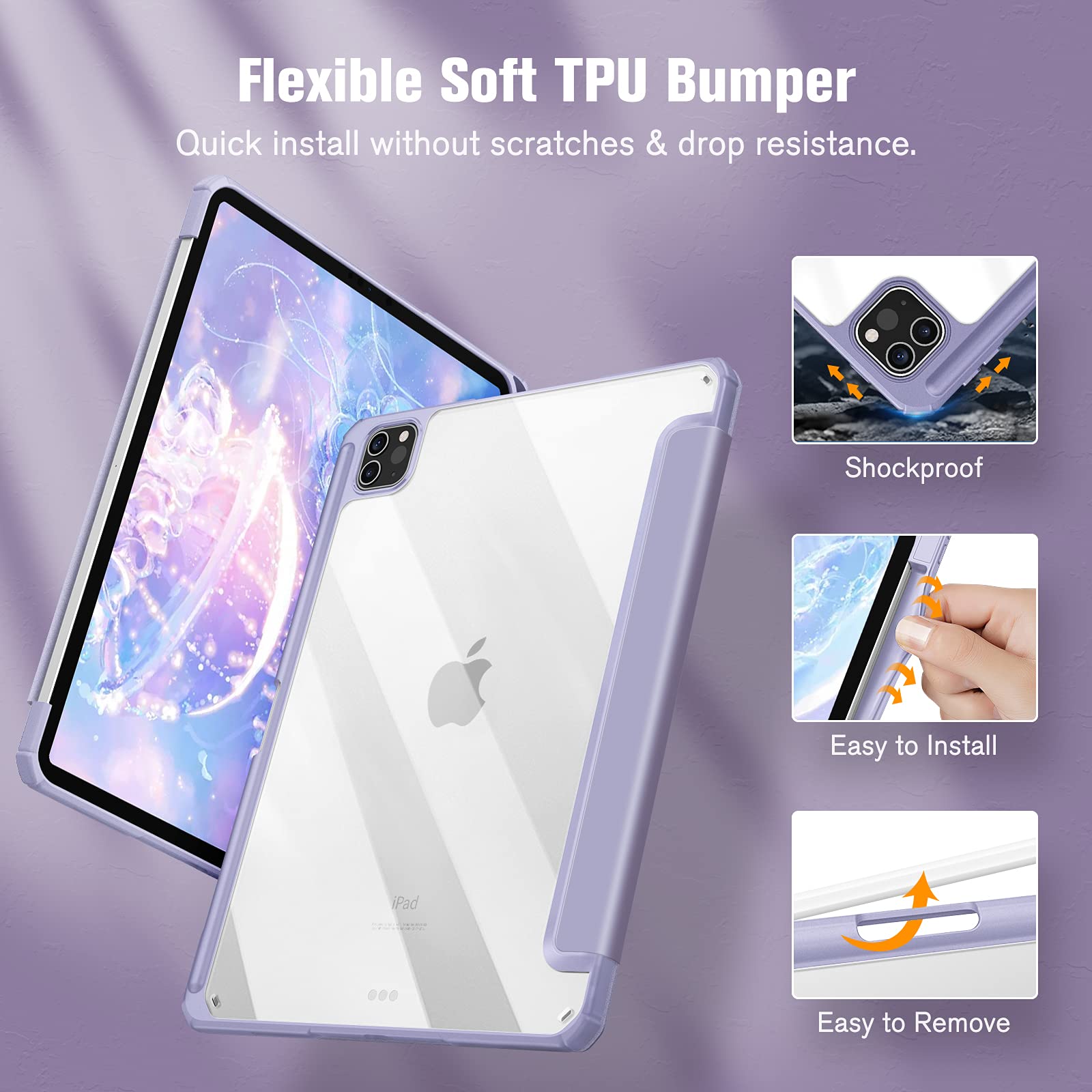 iPad Pro 11 Inch 2020-2022 Soft Tpu Smart Premium Case Auto Sleep Wake Stand Clear Cover Pencil holder Purple 4